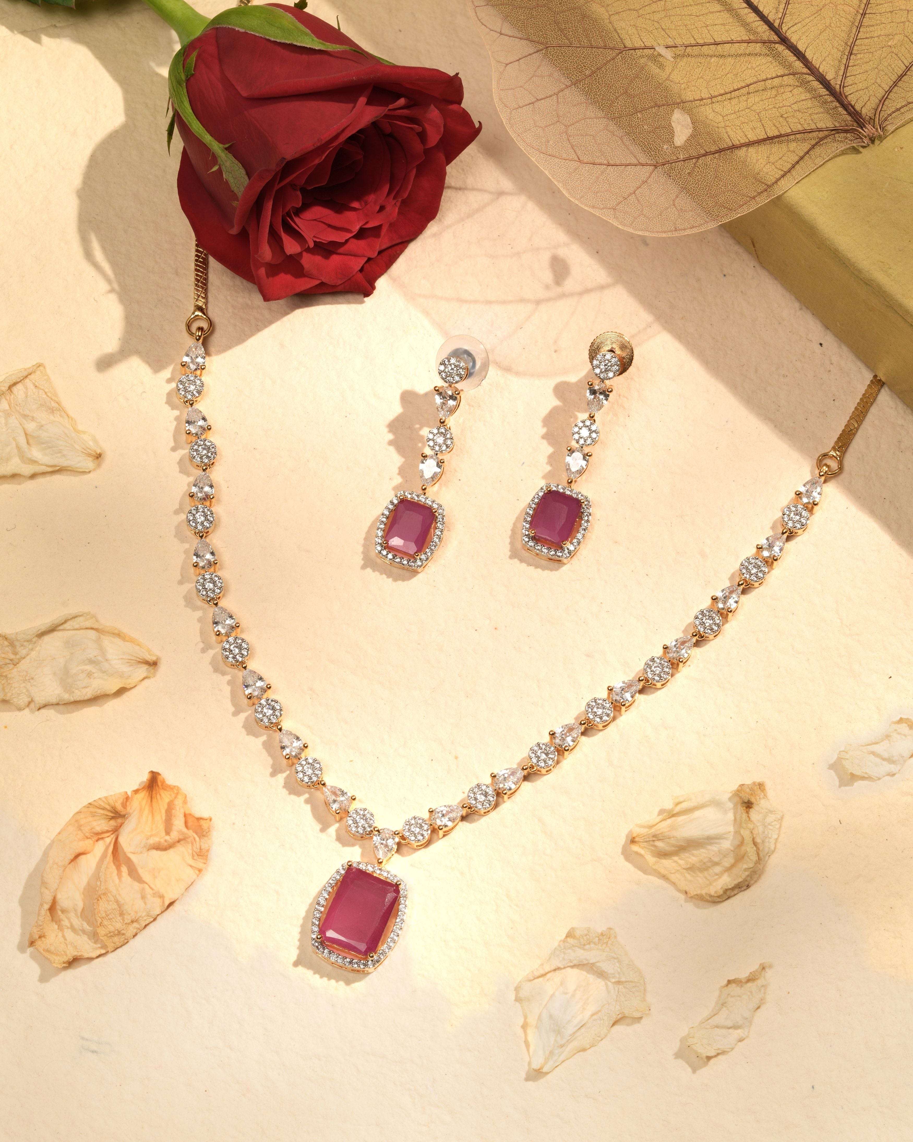 Mataari Necklaces Ruby Reverie CZ Station Necklace & Earring | CZ | Indian Jewelry | Mataari