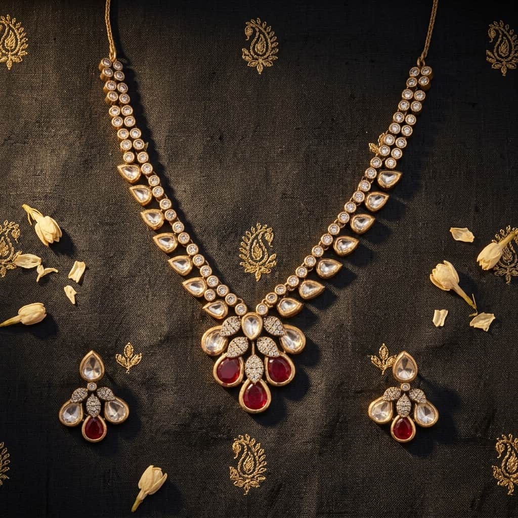 Mataari Necklaces Teardrop Bridal Kundan Polki Wedding Moissanite Necklace with Ruby & Emerald