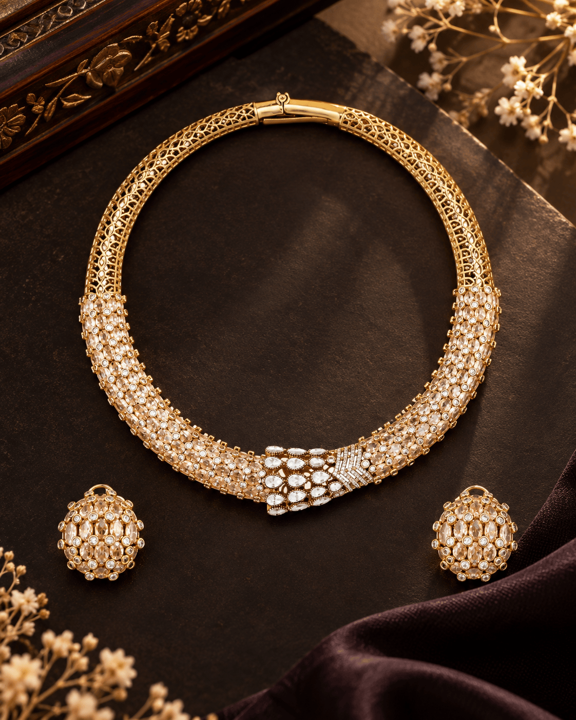 Mataari Necklaces Sanidhya Crystal CZ Gold Plated Hasli Choker Necklace Set