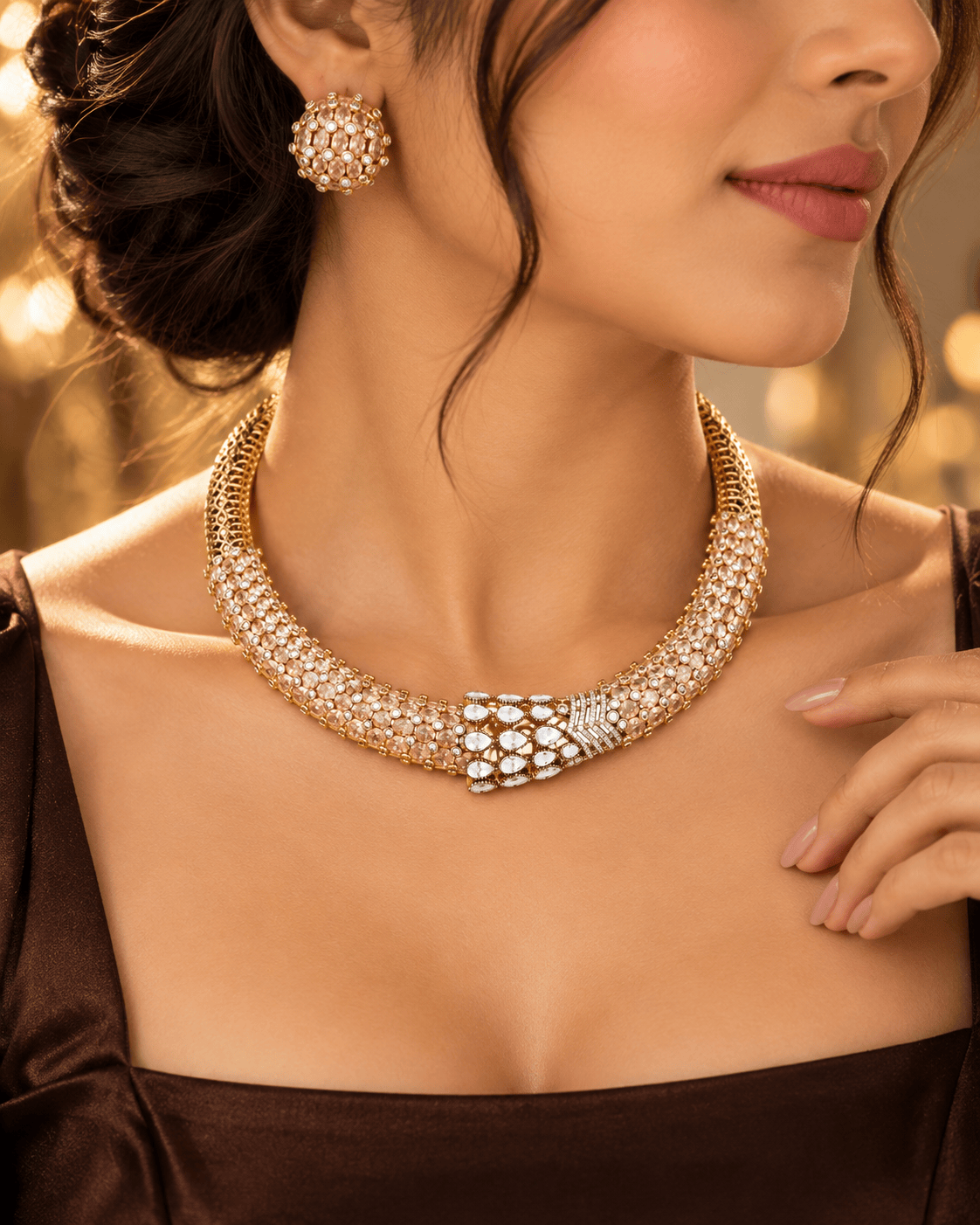 Mataari Necklaces Sanidhya Crystal CZ Gold Plated Hasli Choker Necklace Set