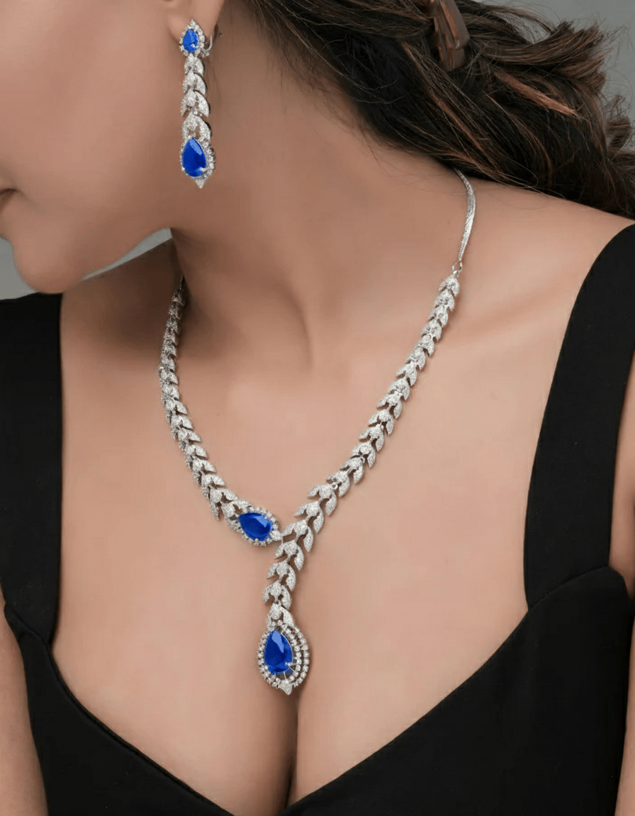 Mataari Necklaces Azure Whisper CZ Teardrop snake shape Necklace | Rhodium | Indian Jewelry | Mataari