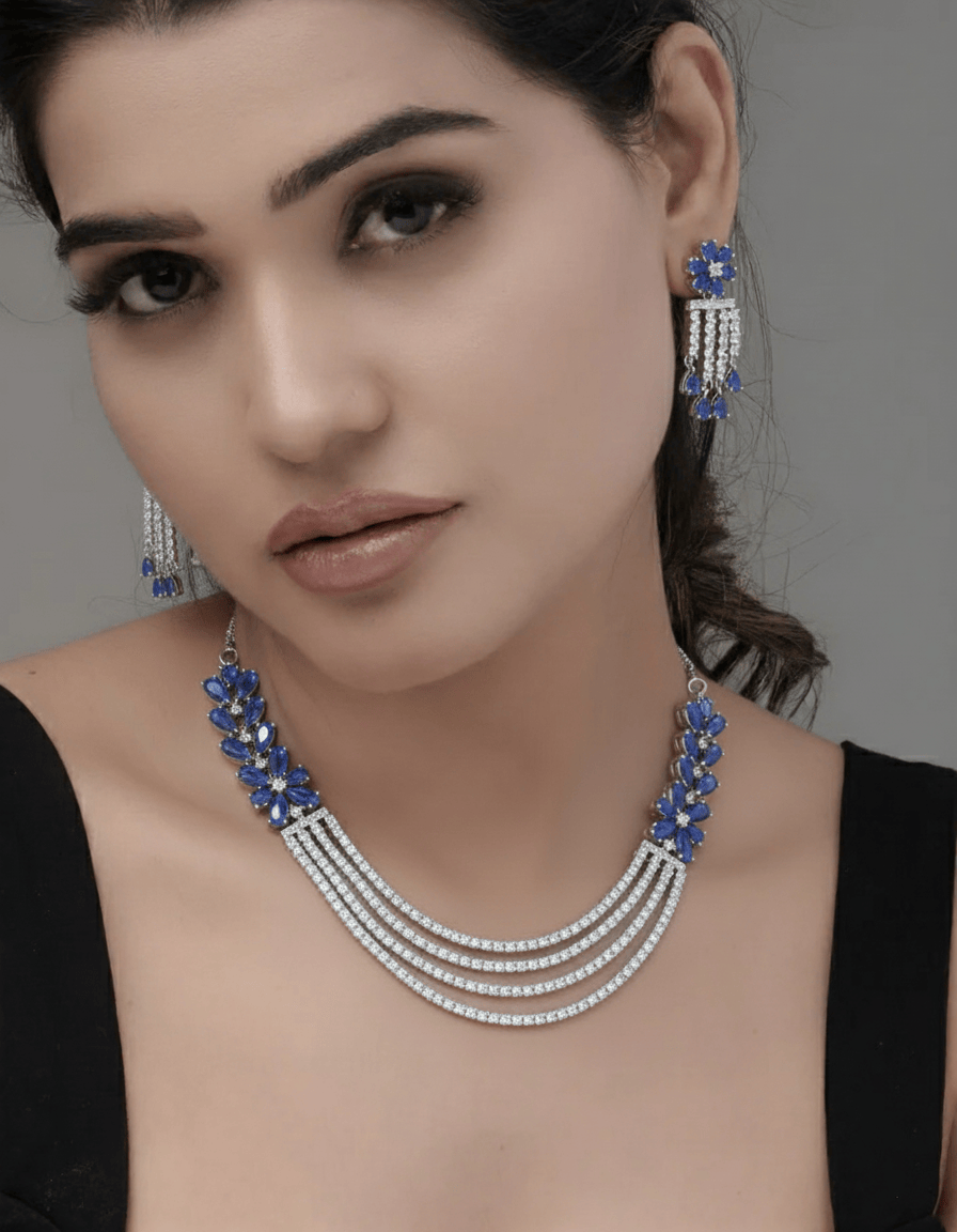 Mataari Necklaces Ruby Regal Quad CZ Blossom Choker Necklace | Rhodium | Indian Jewelry | Mataari