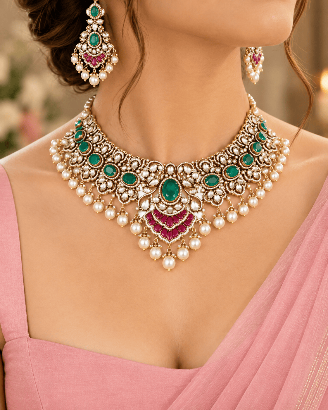 Mataari Necklaces Sarvika Kundan Pearl Gold Plated Polki Choker Bridal Necklace with Maang Tikka