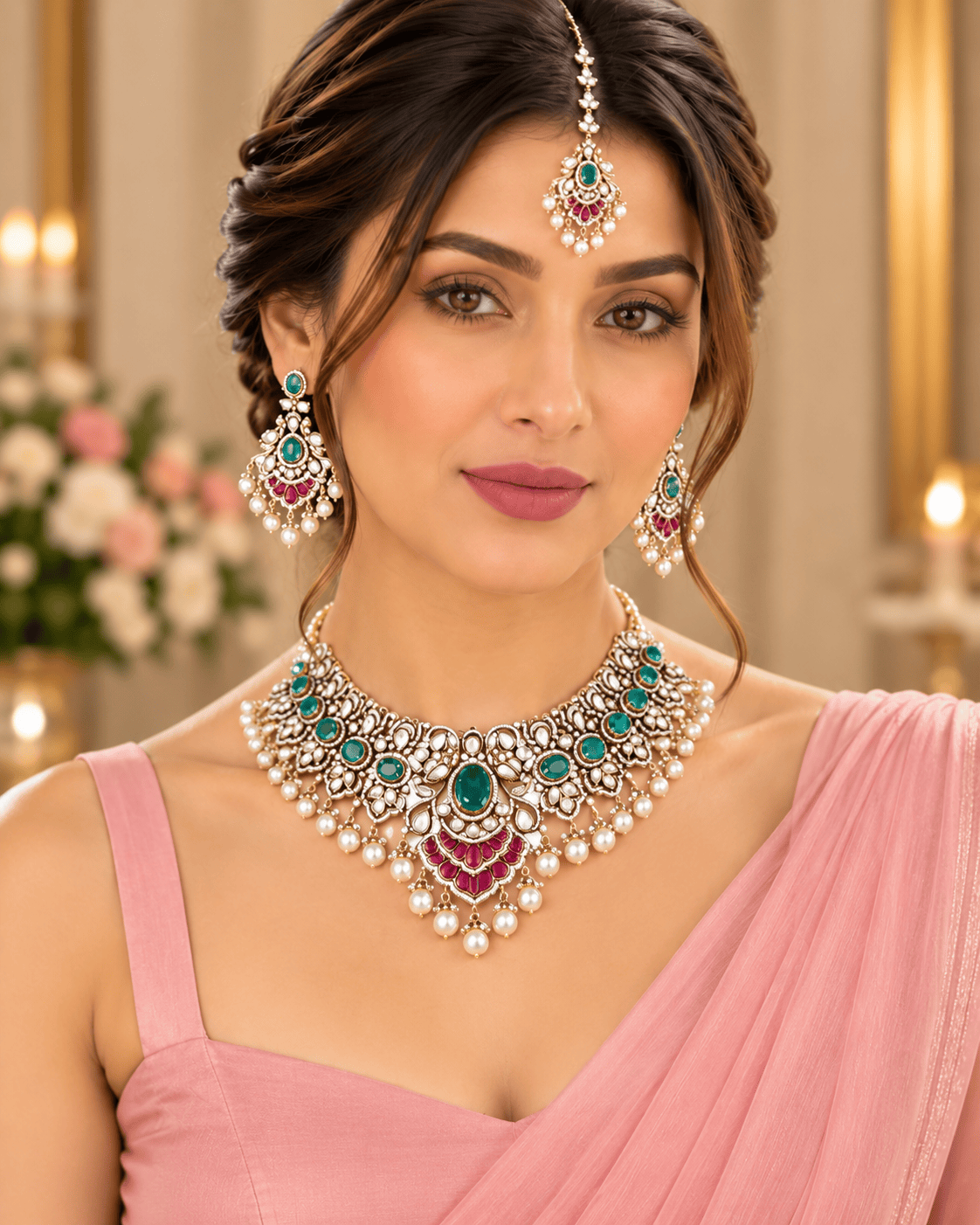 Mataari Necklaces Sarvika Kundan Pearl Gold Plated Polki Choker Bridal Necklace with Maang Tikka