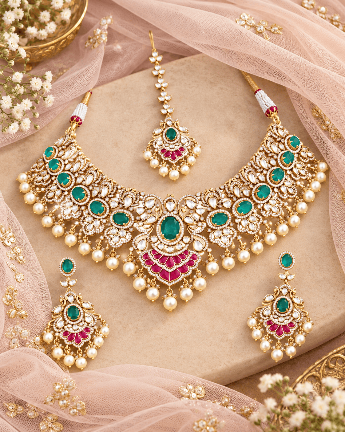Mataari Necklaces Sarvika Kundan Pearl Gold Plated Polki Choker Bridal Necklace with Maang Tikka