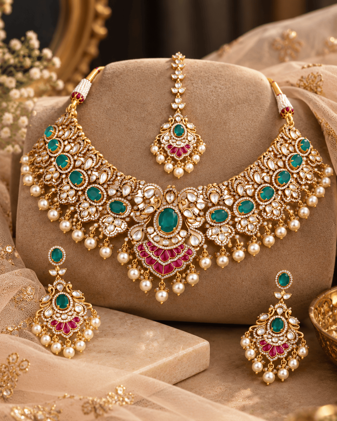 Mataari Necklaces Sarvika Kundan Pearl Gold Plated Polki Choker Bridal Necklace with Maang Tikka