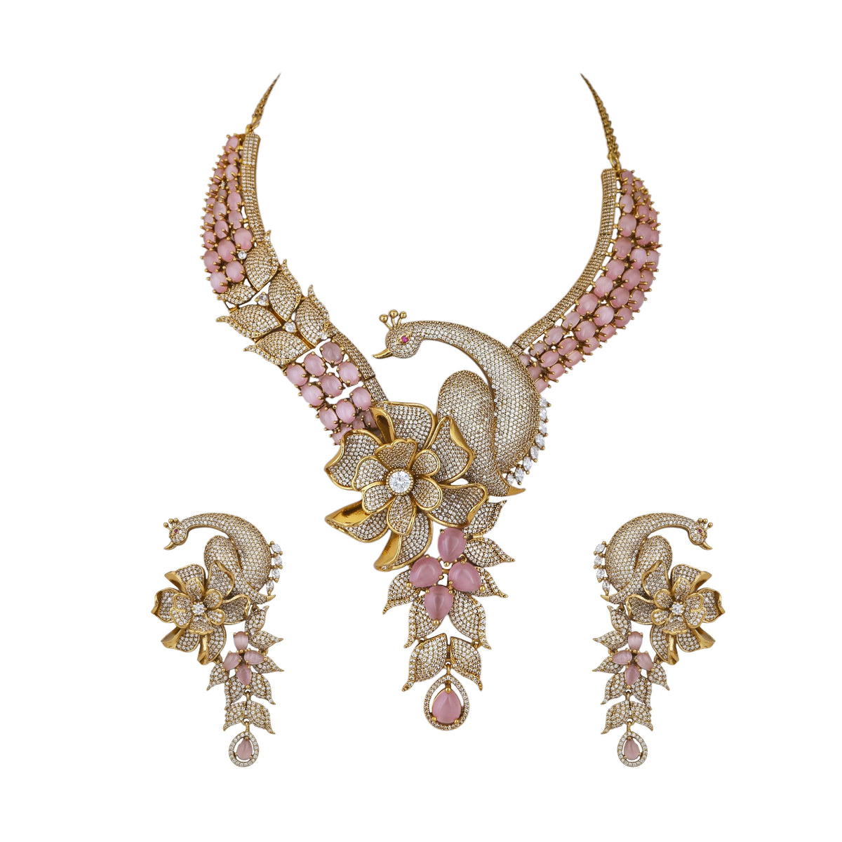 Mataari Necklaces Sattvika Gold Plated Rose Quartz Peacock CZ Flower Necklace