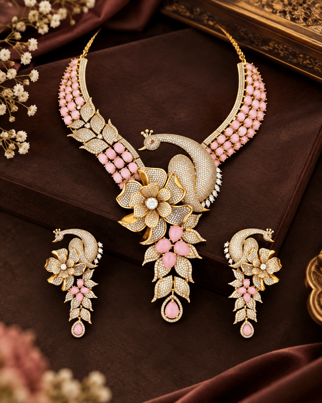 Mataari Necklaces Sattvika Gold Plated Rose Quartz Peacock CZ Flower Necklace
