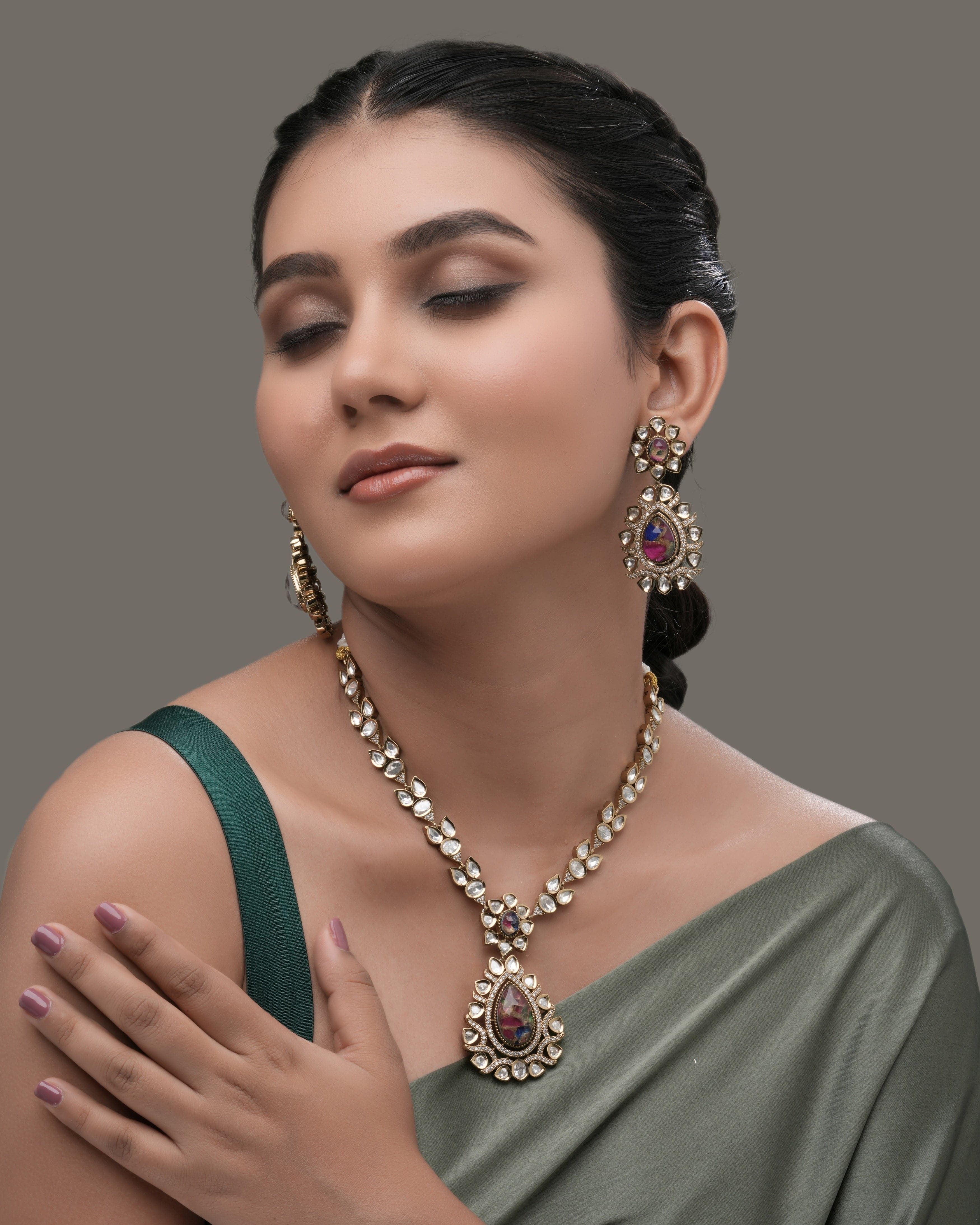 Mataari Necklaces Serene Ocean‑Blue Mosaic Natural Granite Pendant & | Kundan | Indian Jewelry | Mataari