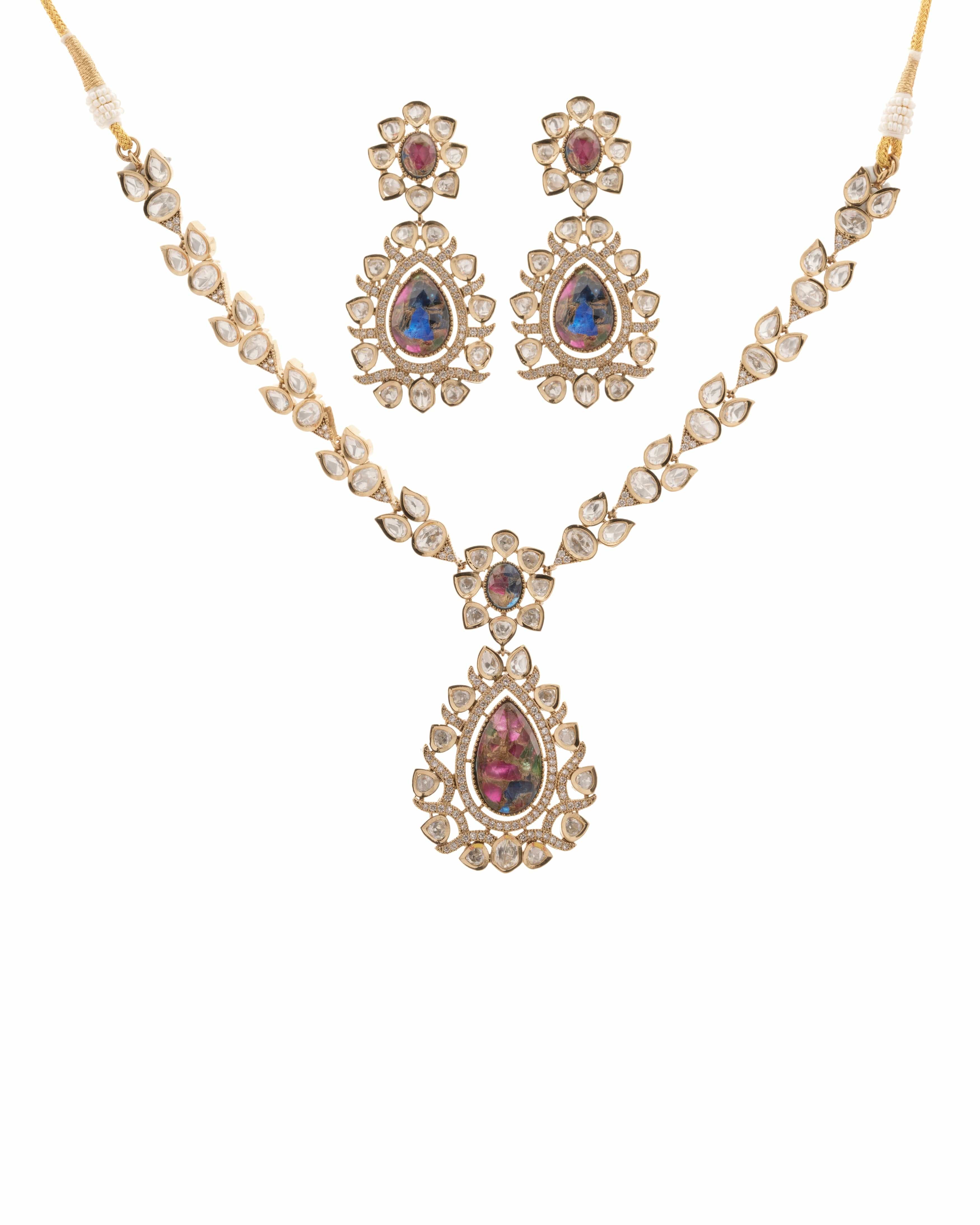 Mataari Necklaces Serene Ocean‑Blue Mosaic Natural Granite Pendant & | Kundan | Indian Jewelry | Mataari