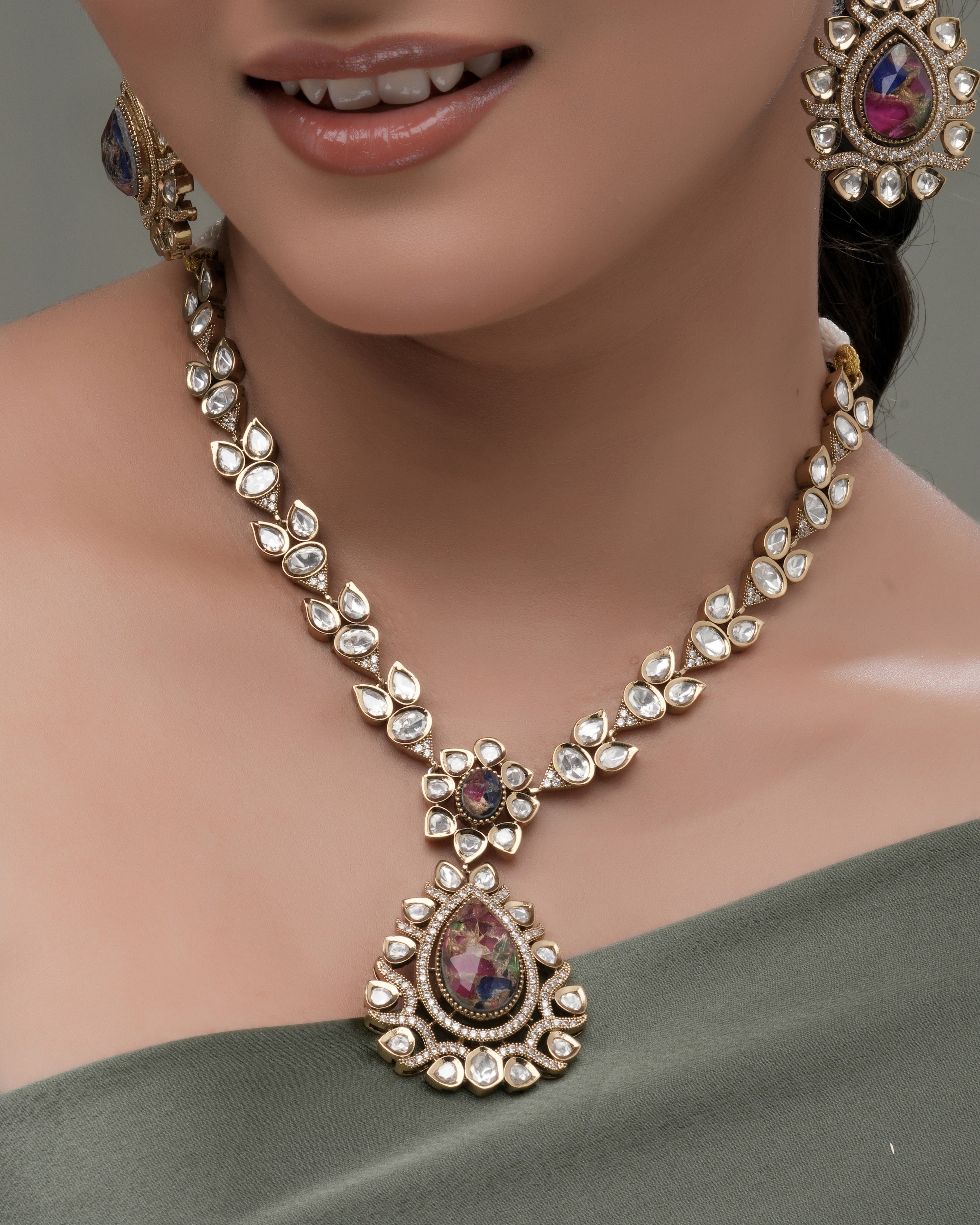 Mataari Necklaces Serene Ocean‑Blue Mosaic Natural Granite Pendant & | Kundan | Indian Jewelry | Mataari