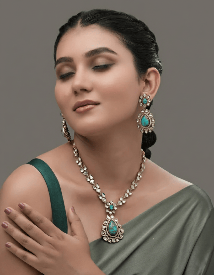 Mataari Necklaces Serene Ocean‑Blue Mosaic Natural Granite Pendant & | Kundan | Indian Jewelry | Mataari