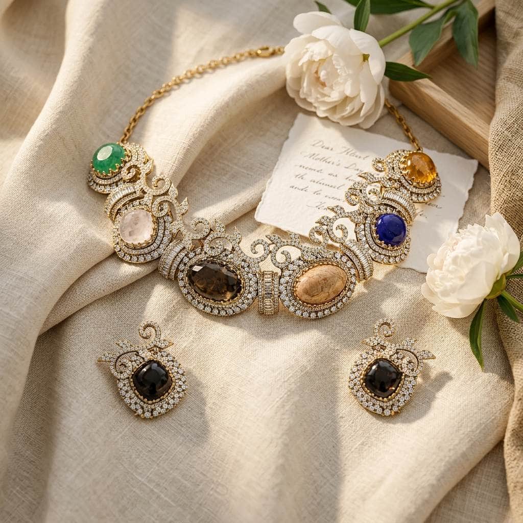 Mataari Necklaces Silver Plated Cubic Zirconia Baguette Solitaire Wedding Multicolour Necklace