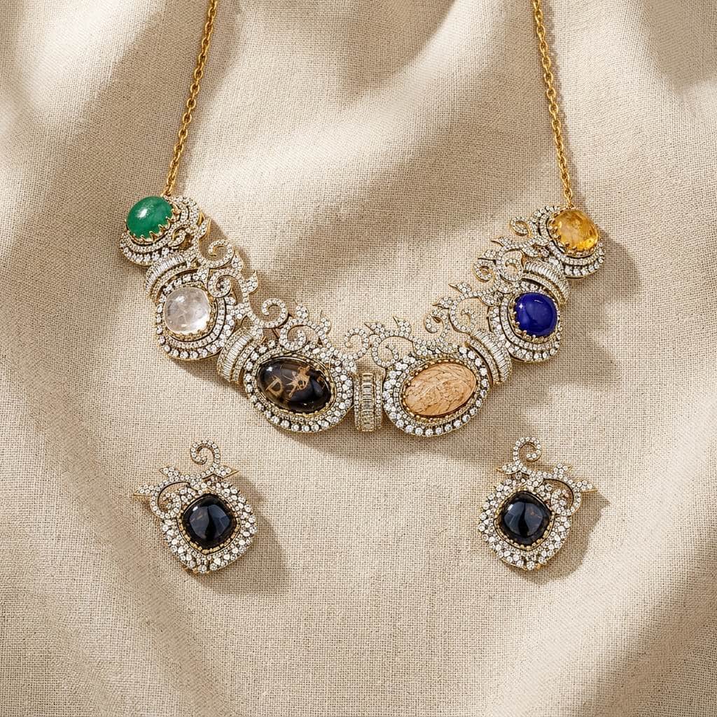 Mataari Necklaces Silver Plated Cubic Zirconia Baguette Solitaire Wedding Multicolour Necklace
