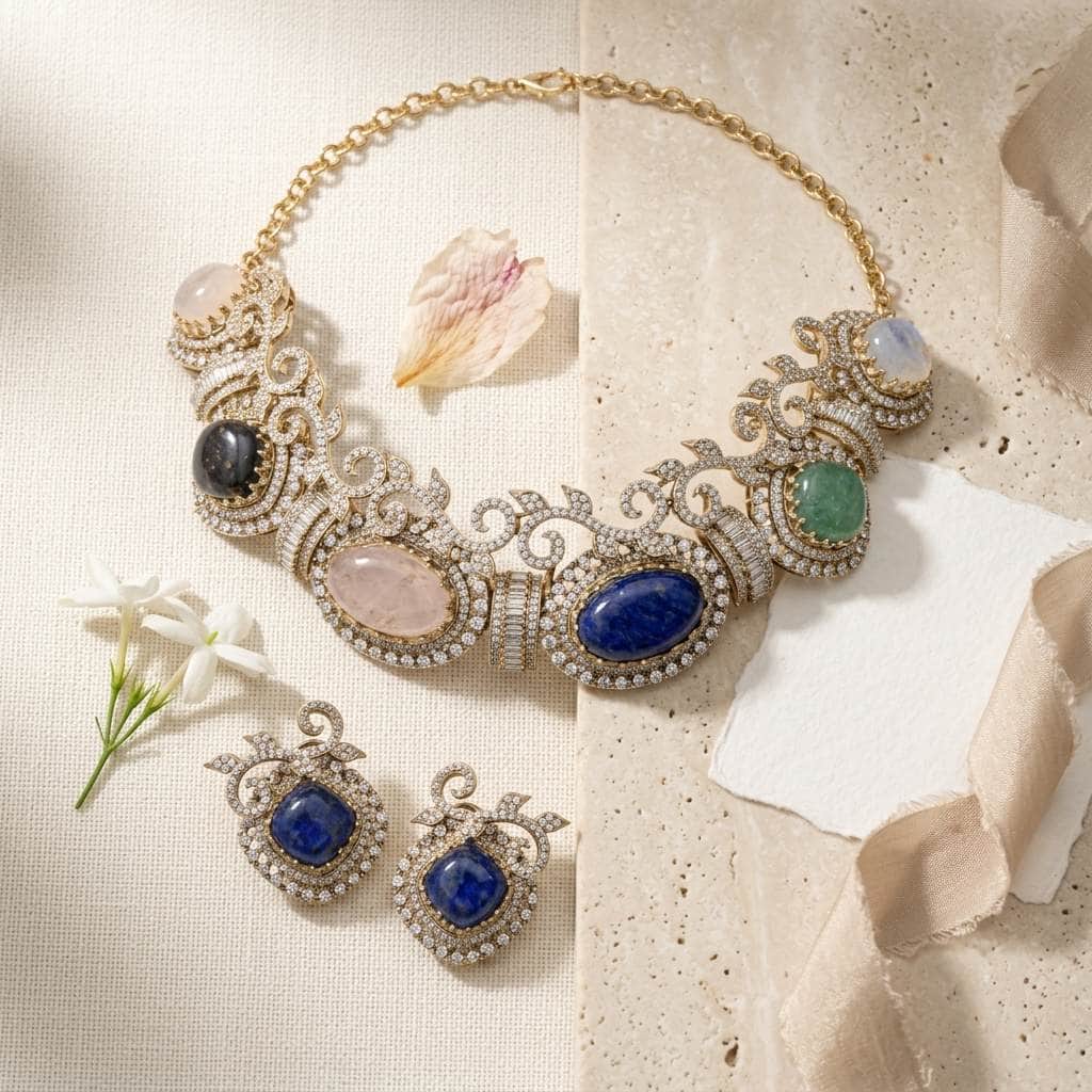 Mataari Necklaces Silver Plated Cubic Zirconia Baguette Solitaire Wedding Multicolour Necklace