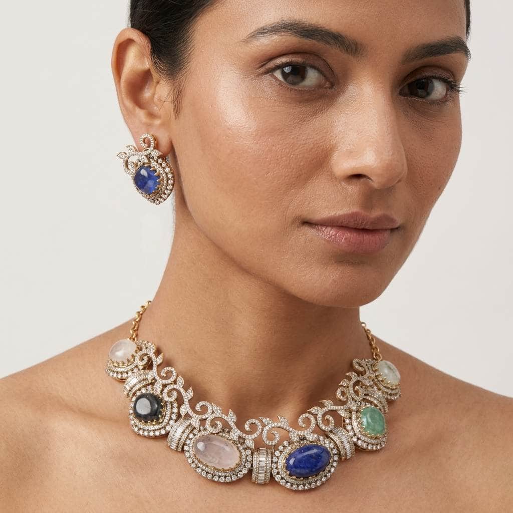 Mataari Necklaces Silver Plated Cubic Zirconia Baguette Solitaire Wedding Multicolour Necklace