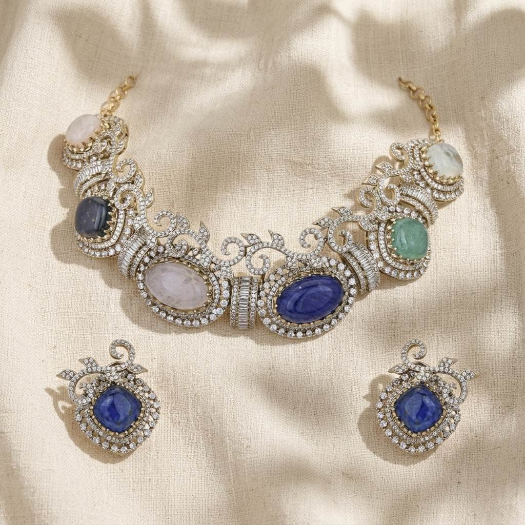 Mataari Necklaces Silver Plated Cubic Zirconia Baguette Solitaire Wedding Multicolour Necklace