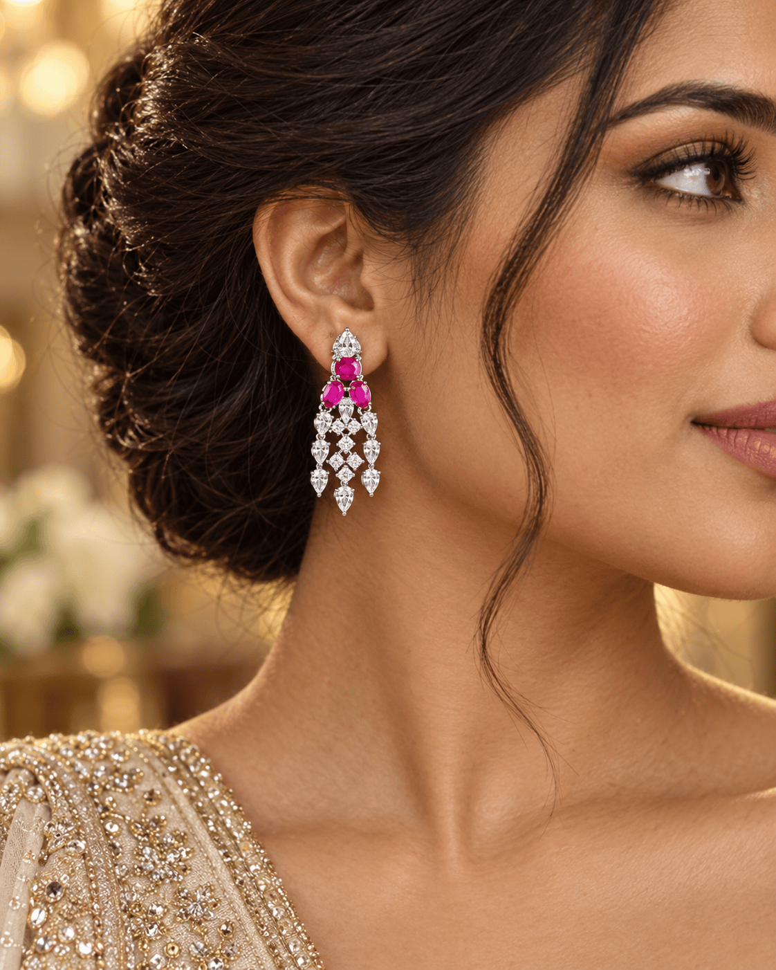 Mataari Necklaces Silver Plated Cubic Zirconia Crystal Bridal Necklace with Ruby & Emerald Accents