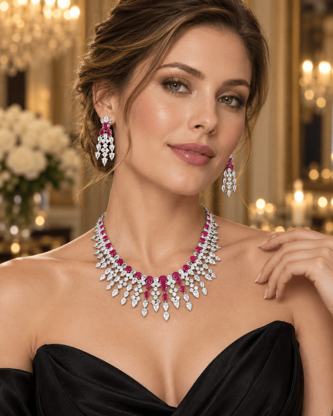 Mataari Necklaces Silver Plated Cubic Zirconia Crystal Bridal Necklace with Ruby & Emerald Accents