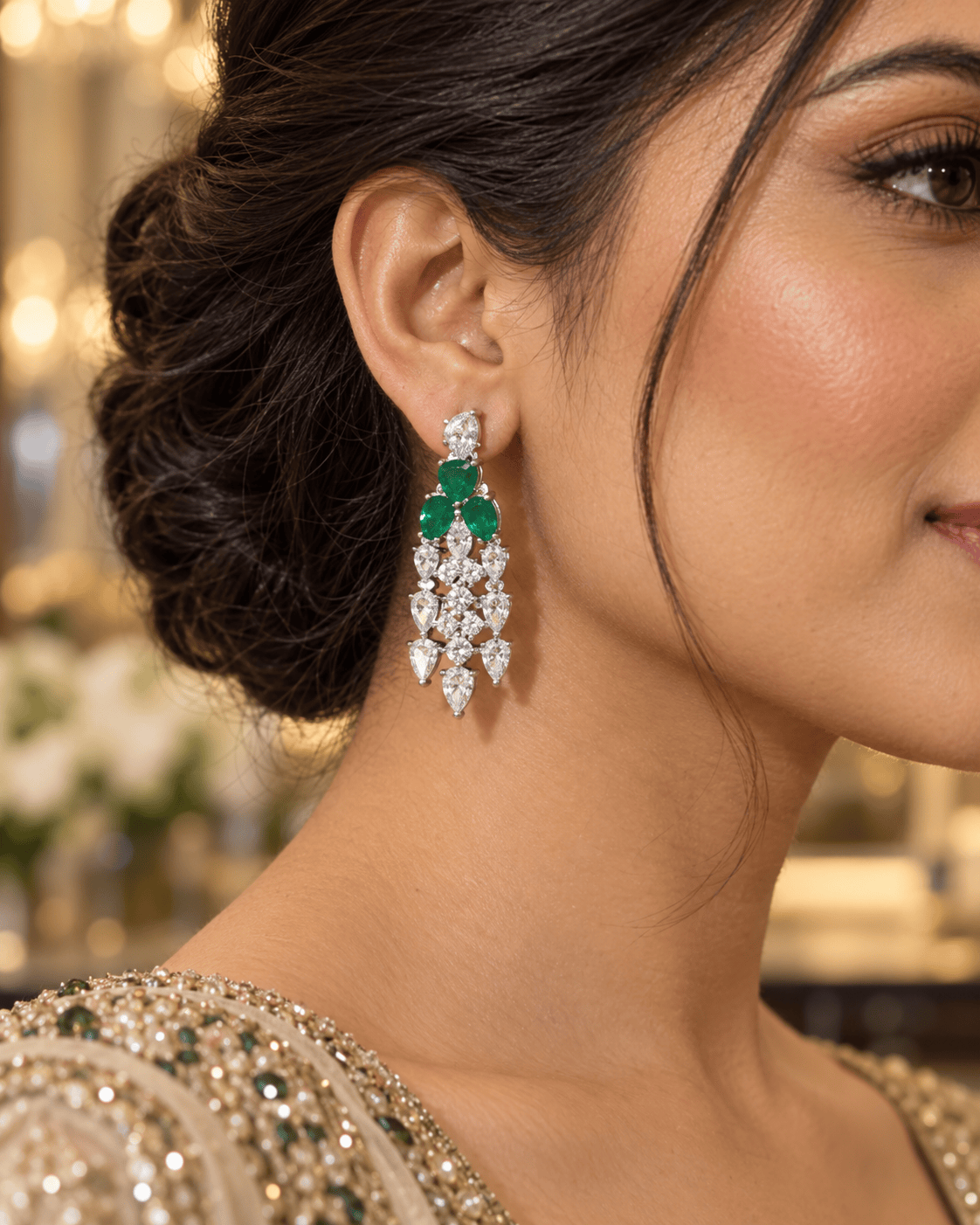 Mataari Necklaces Silver Plated Cubic Zirconia Crystal Bridal Necklace with Ruby & Emerald Accents