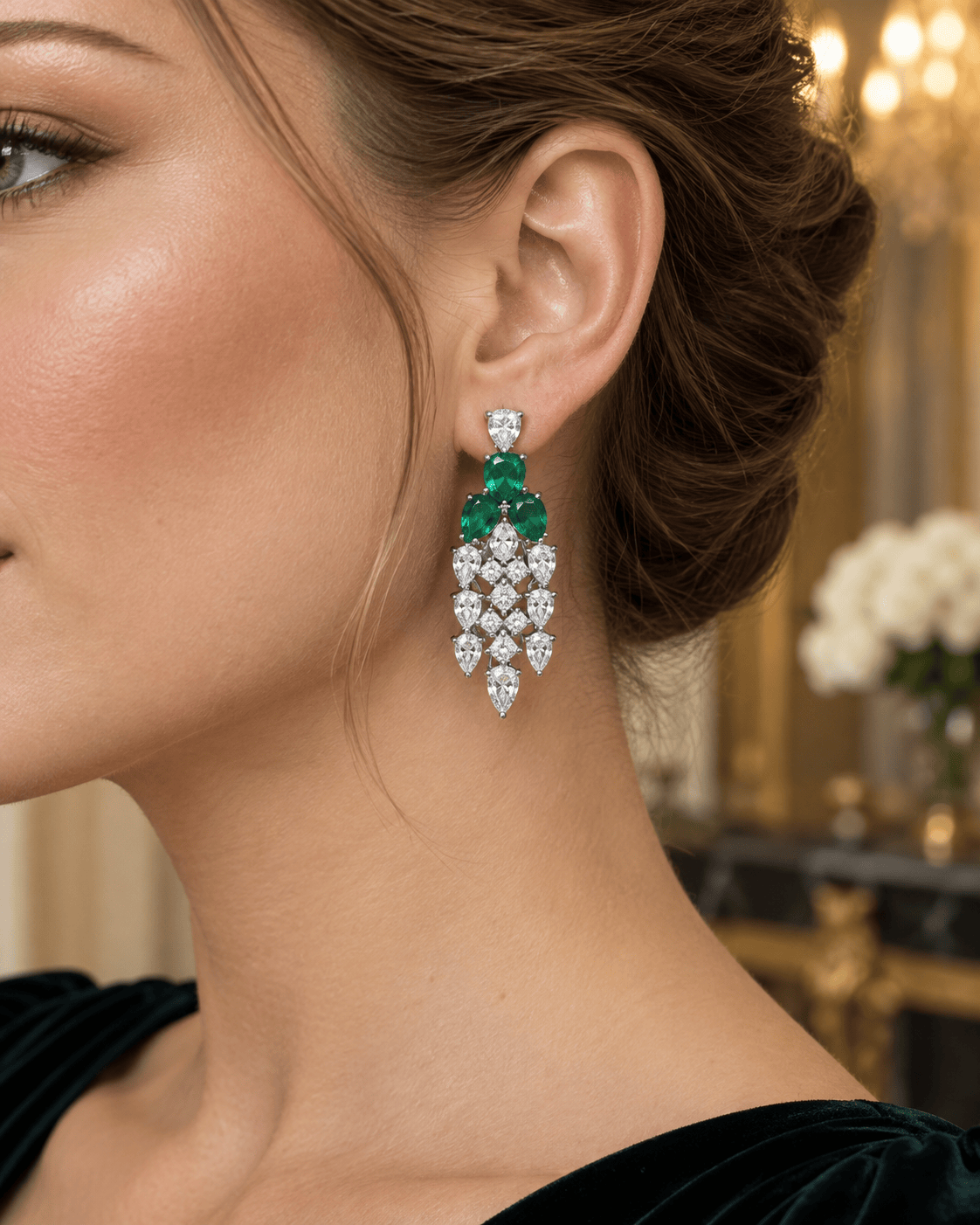 Mataari Necklaces Silver Plated Cubic Zirconia Crystal Bridal Necklace with Ruby & Emerald Accents