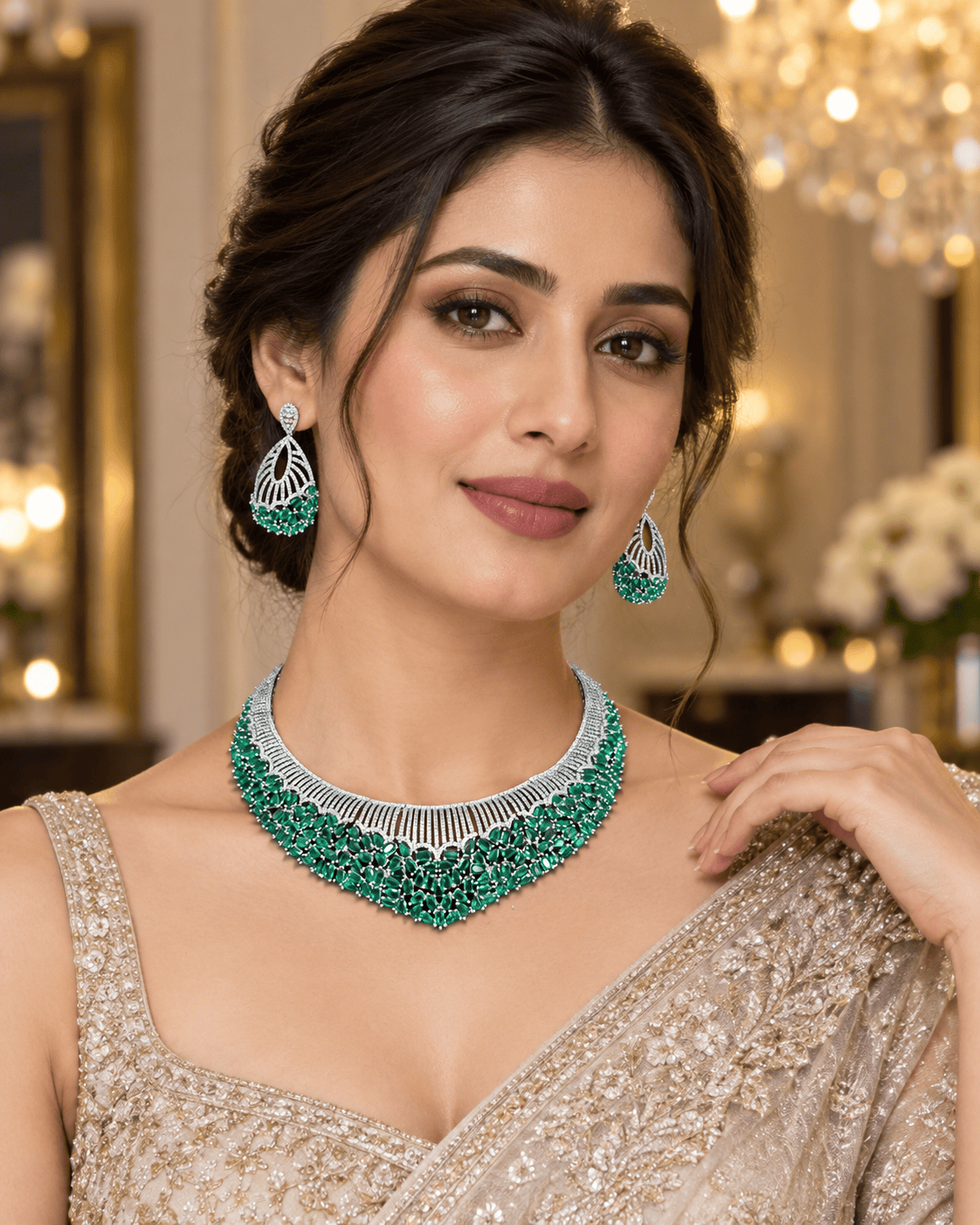 Mataari Necklaces Silver Plated Emerald Choker Crystal Cubic Zirconia Bridal Necklace