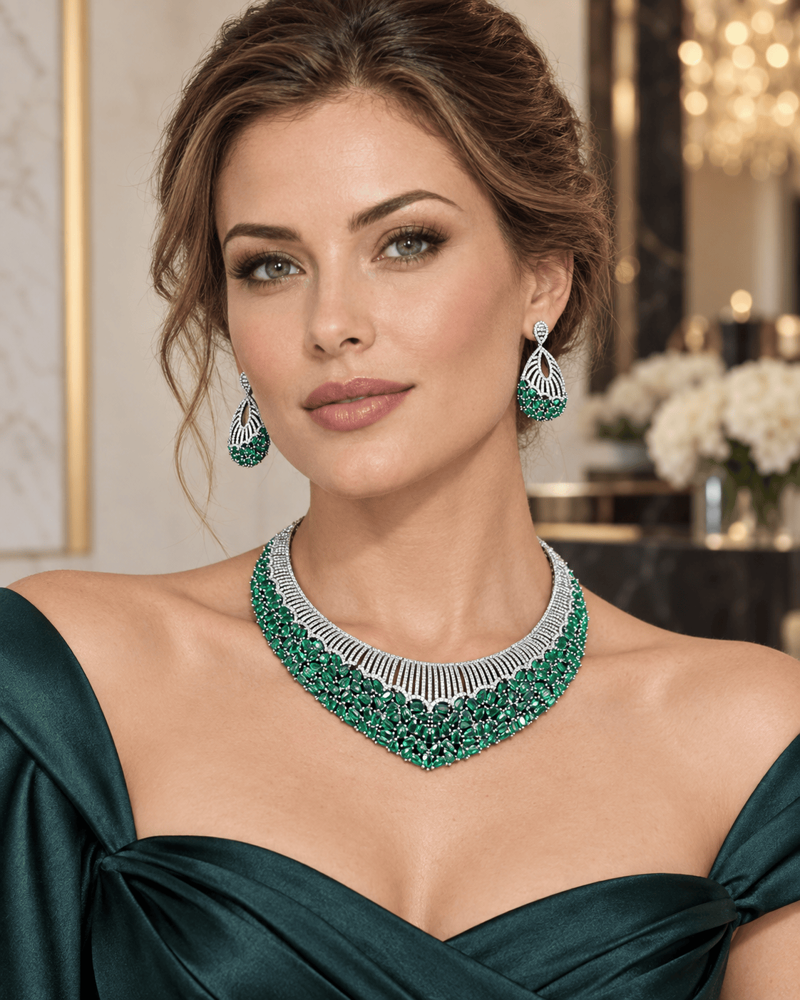 Mataari Necklaces Silver Plated Emerald Choker Crystal Cubic Zirconia Bridal Necklace