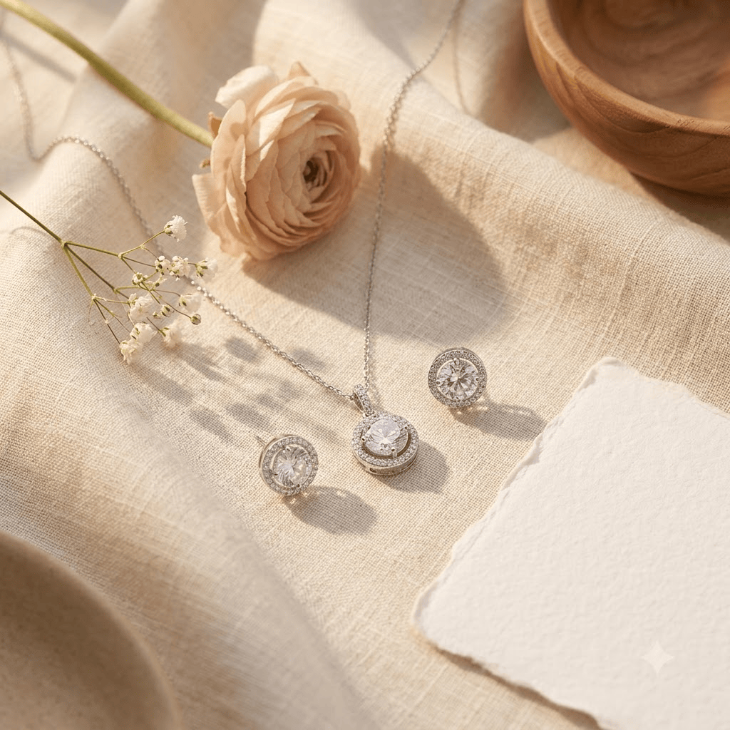 Mataari Necklaces Silver Plated Minimalist Round Cubic Zirconia Necklace with Stud Earrings