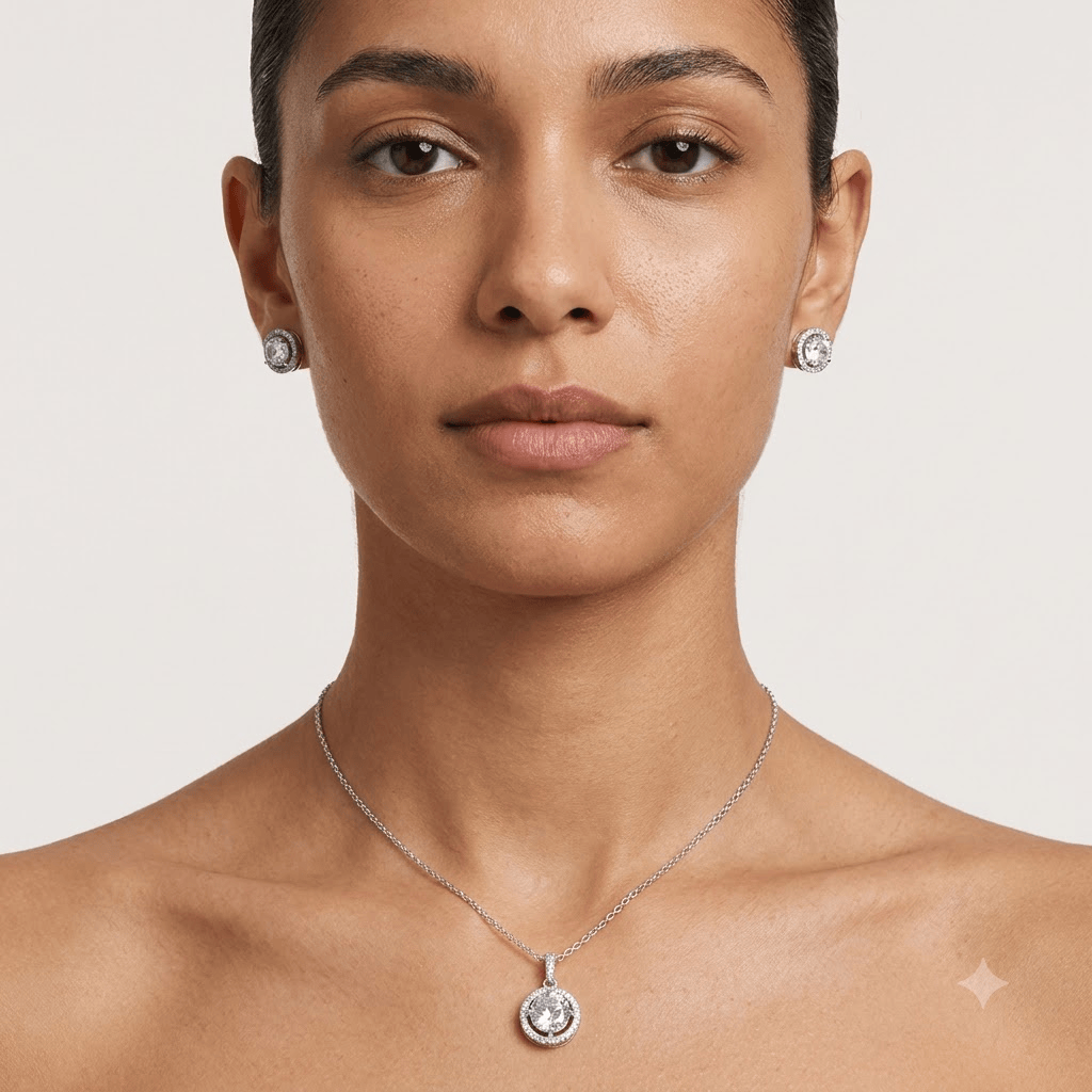 Mataari Necklaces Silver Plated Minimalist Round Cubic Zirconia Necklace with Stud Earrings