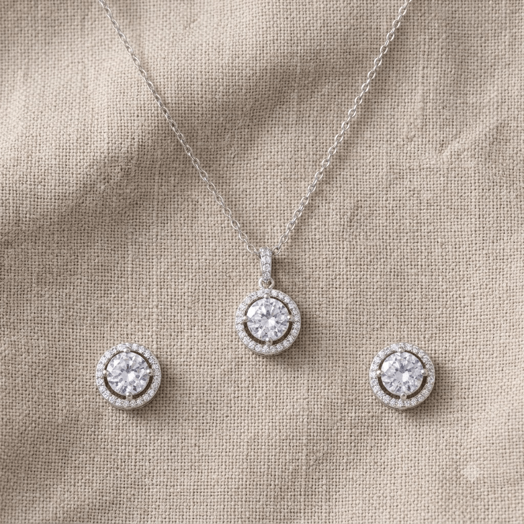 Mataari Necklaces Silver Plated Minimalist Round Cubic Zirconia Necklace with Stud Earrings