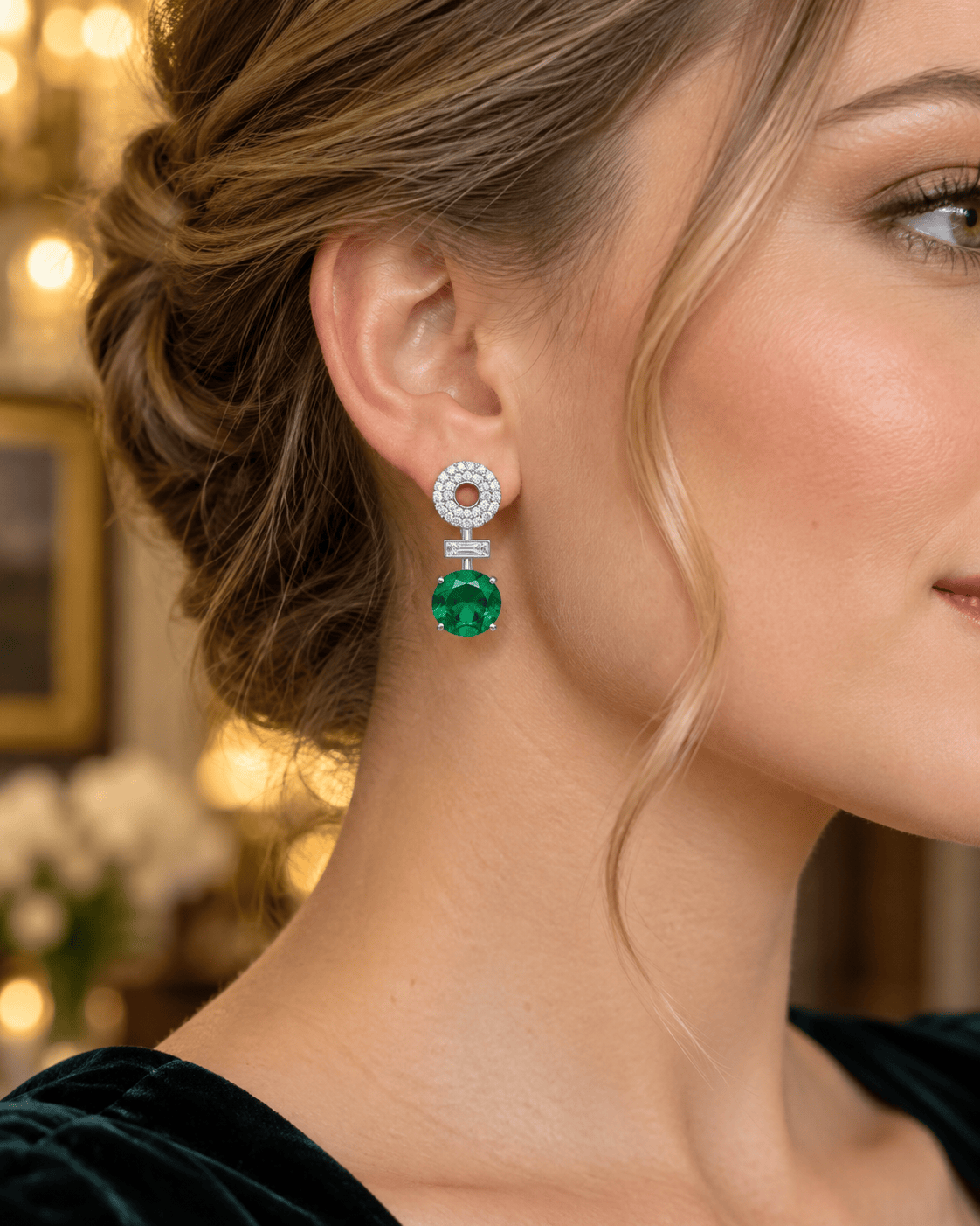 Mataari Necklaces Silver Plated Round Solitaire Cubic Zirconia Necklace with Emerald & Yellow Sapphire Accents
