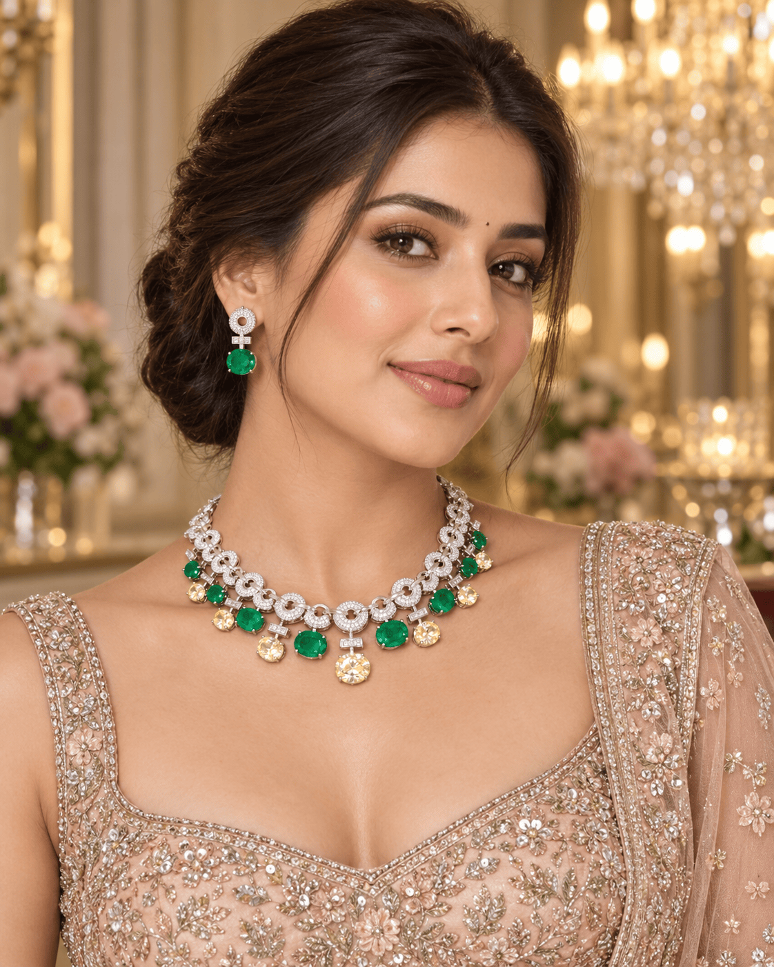 Mataari Necklaces Silver Plated Round Solitaire Cubic Zirconia Necklace with Emerald & Yellow Sapphire Accents