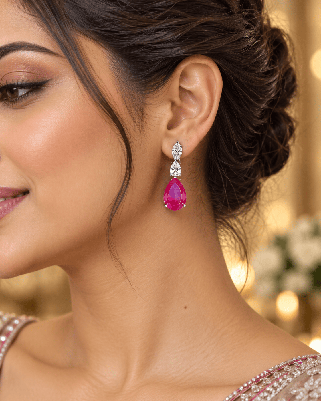 Mataari Necklaces Silver Plated Single Line Teardrop Crystal Cubic Zirconia Necklace for Brides