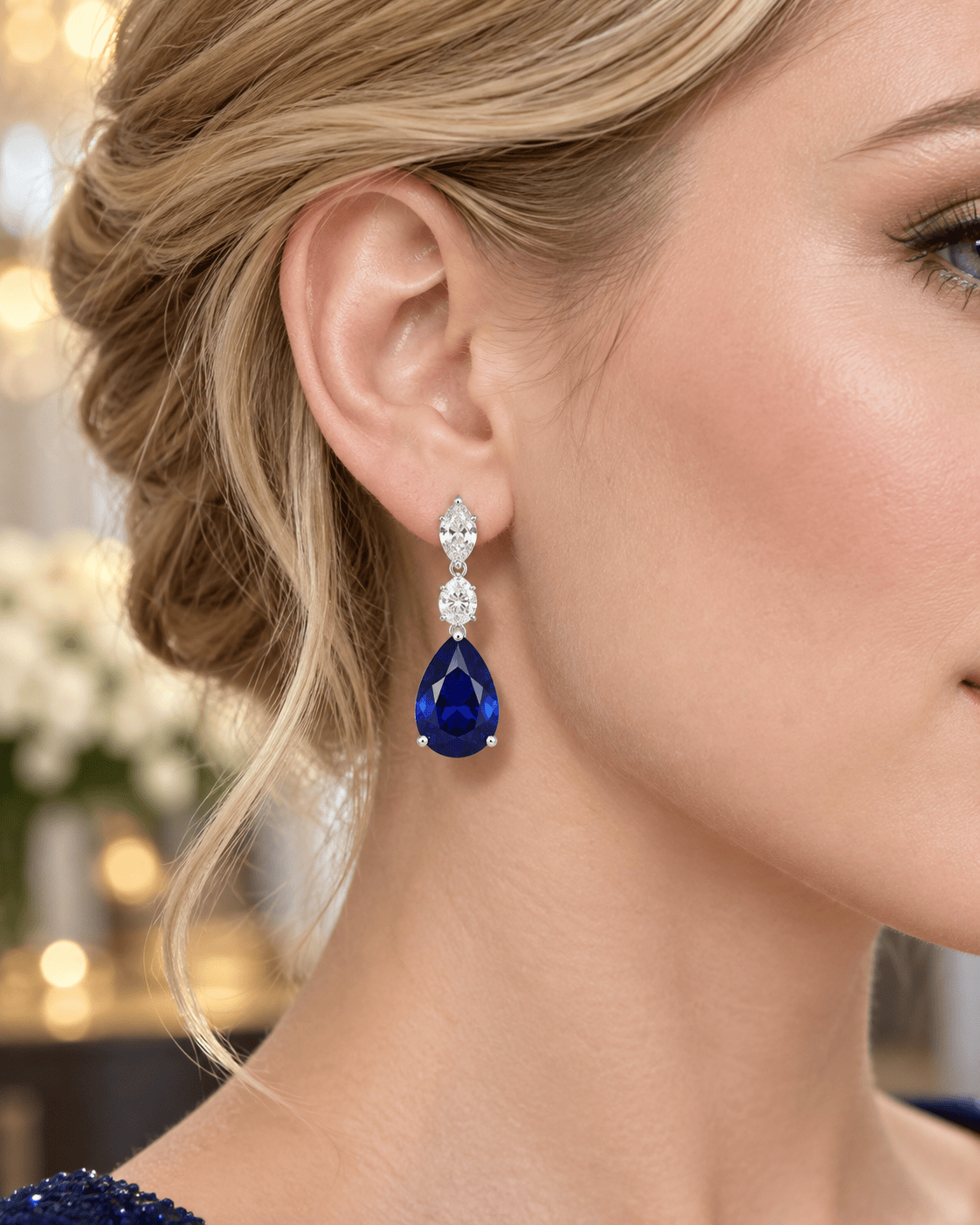 Mataari Necklaces Silver Plated Single Line Teardrop Crystal Cubic Zirconia Necklace for Brides