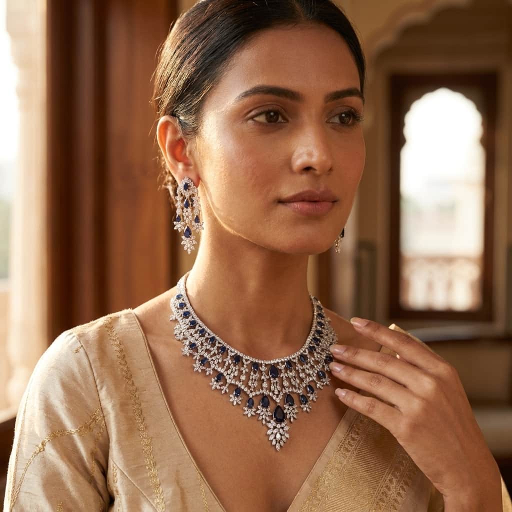 Mataari Necklaces Silver Plated Wedding Bridal Crystal Moissanite Gemstone Necklace for Brides