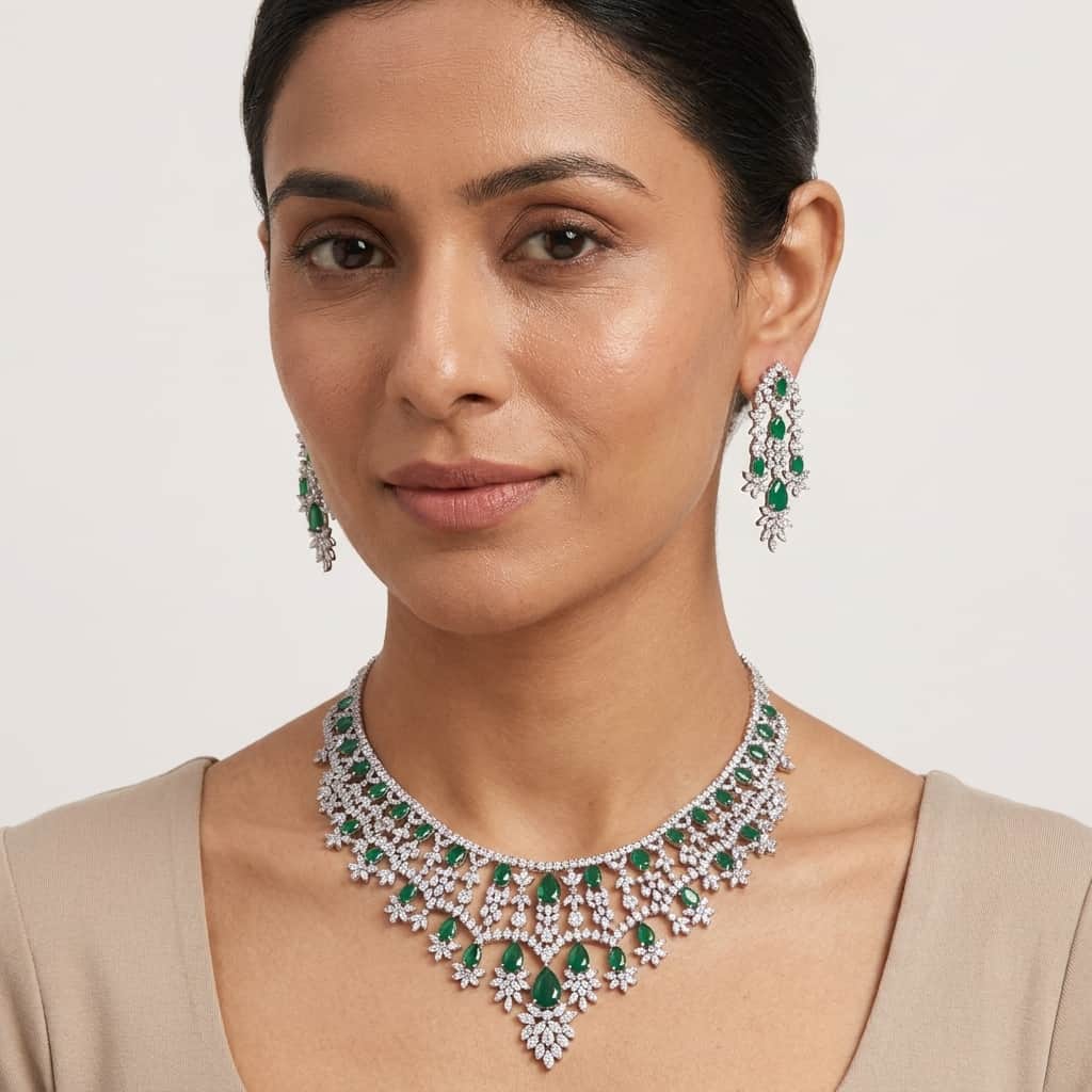 Mataari Necklaces Silver Plated Wedding Bridal Crystal Moissanite Gemstone Necklace for Brides