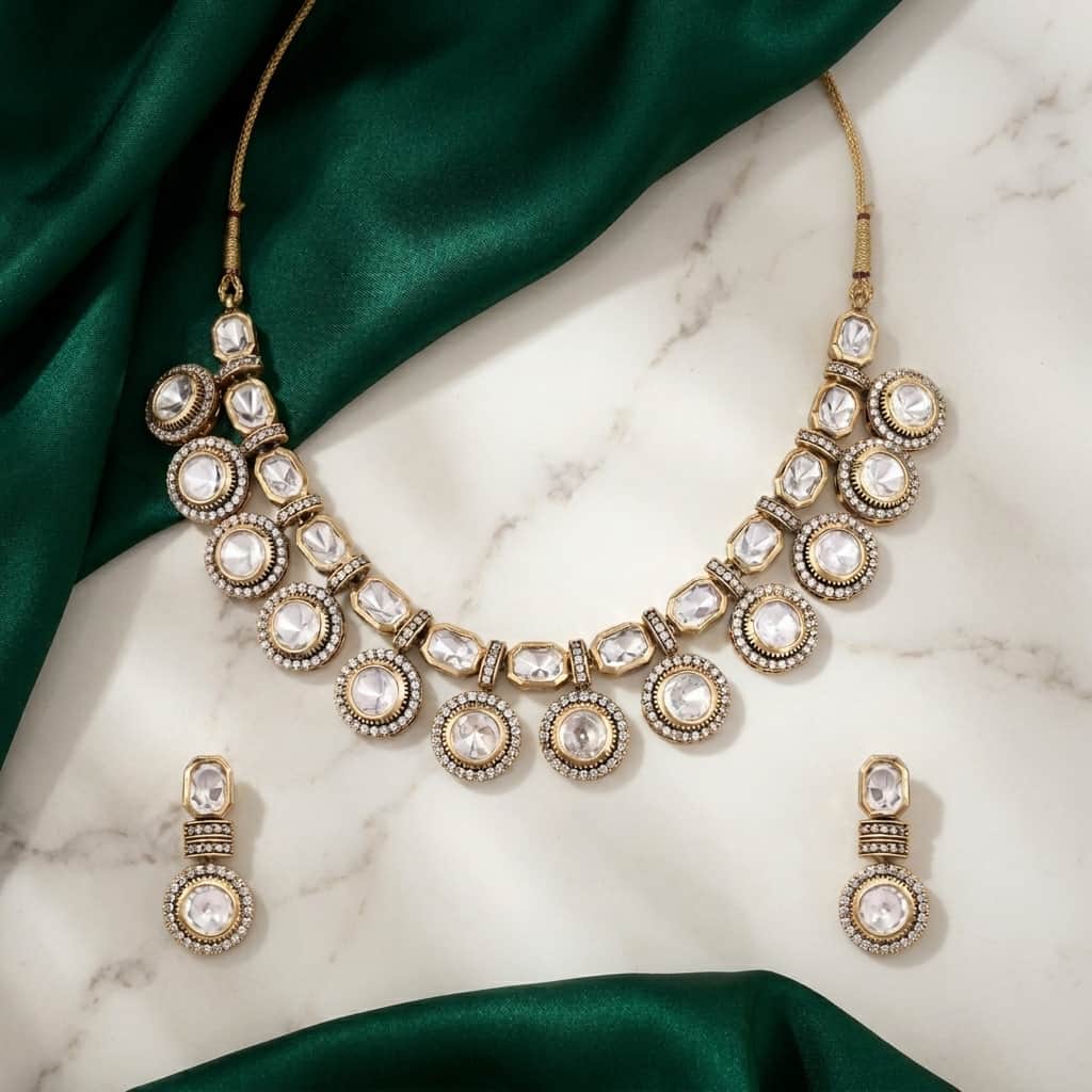Mataari Necklaces Solitaire Kundan Polki Wedding Bridal Moissanite Necklace with Drop Earrings