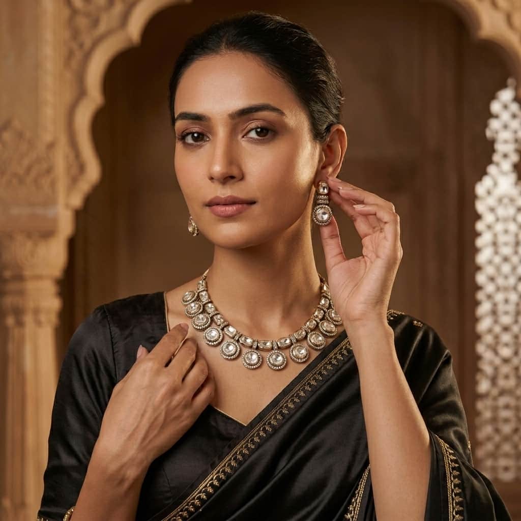 Mataari Necklaces Solitaire Kundan Polki Wedding Bridal Moissanite Necklace with Drop Earrings