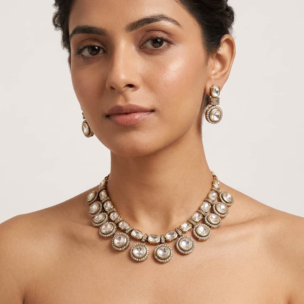 Mataari Necklaces Solitaire Kundan Polki Wedding Bridal Moissanite Necklace with Drop Earrings