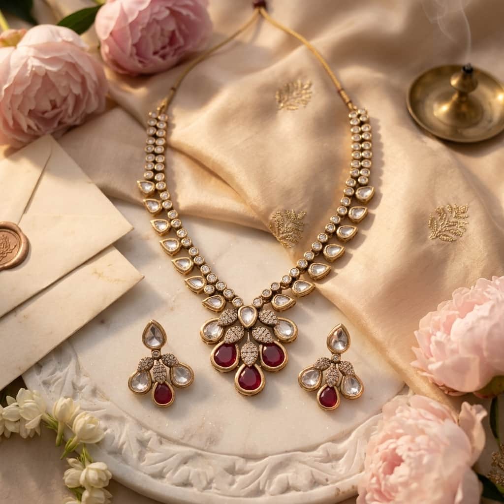 Mataari Necklaces Teardrop Bridal Kundan Polki Wedding Moissanite Necklace with Ruby & Emerald