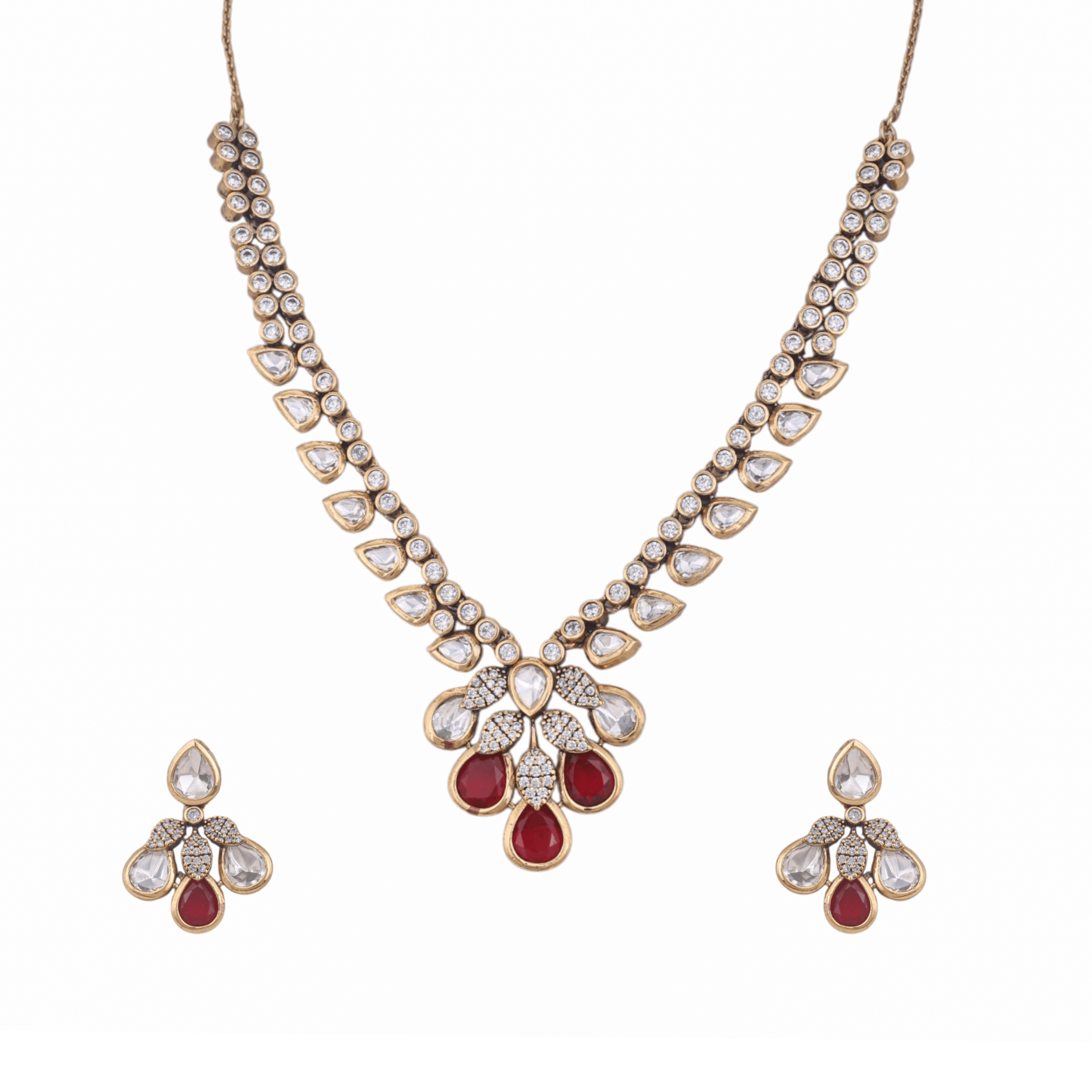 Mataari Necklaces Teardrop Bridal Kundan Polki Wedding Moissanite Necklace with Ruby & Emerald