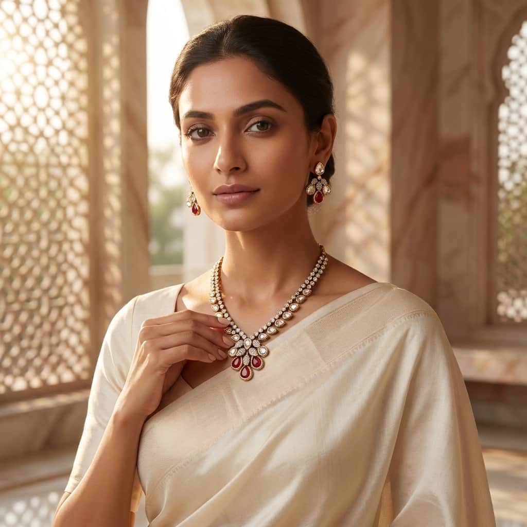 Mataari Necklaces Teardrop Bridal Kundan Polki Wedding Moissanite Necklace with Ruby & Emerald