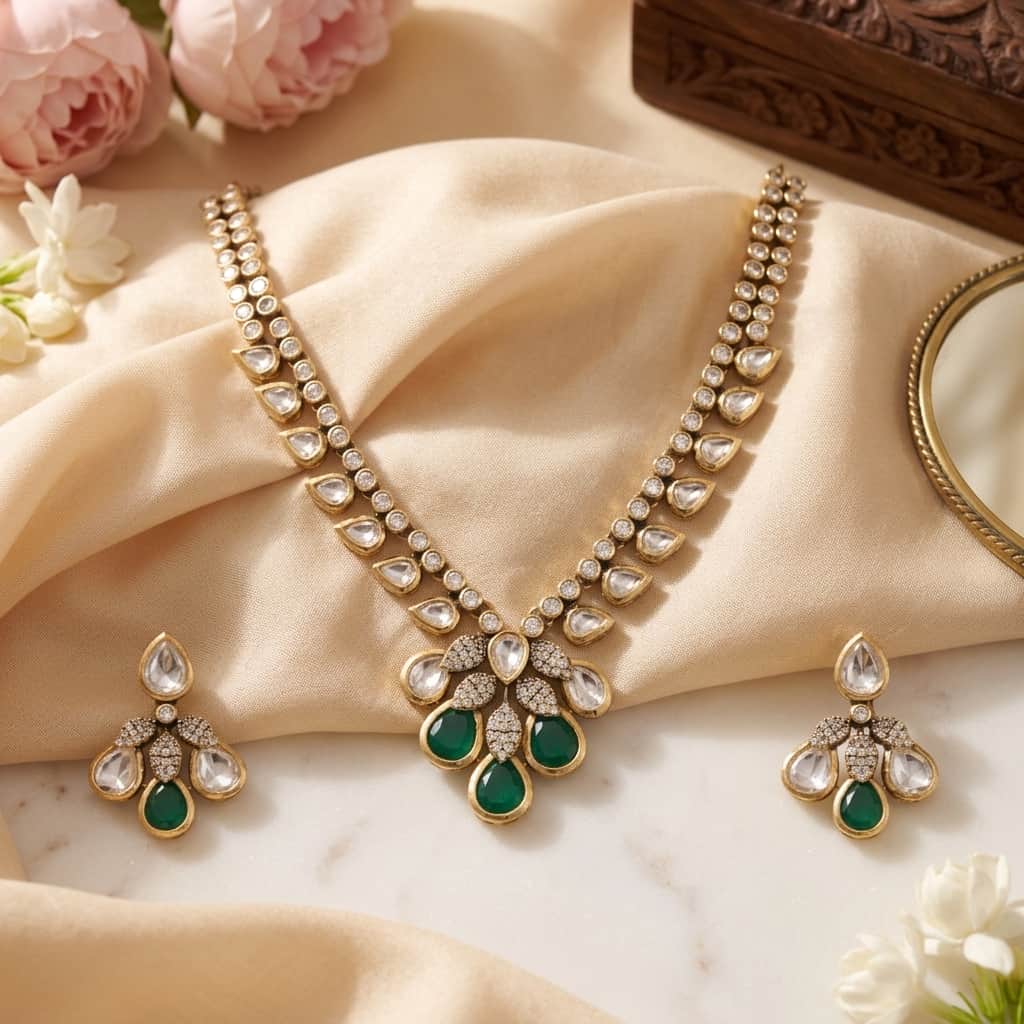 Mataari Necklaces Teardrop Bridal Kundan Polki Wedding Moissanite Necklace with Ruby & Emerald