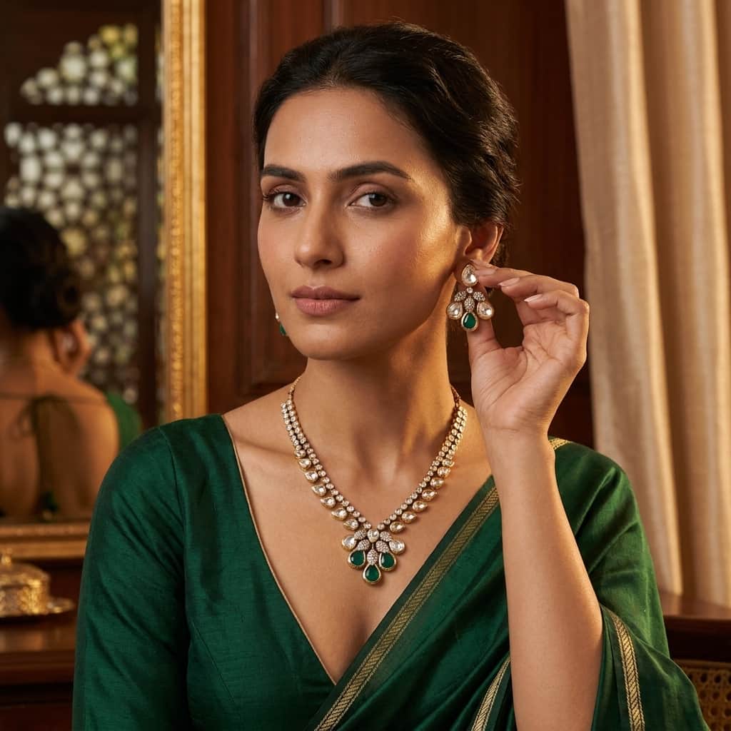 Mataari Necklaces Teardrop Bridal Kundan Polki Wedding Moissanite Necklace with Ruby & Emerald