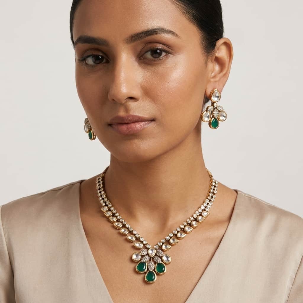Mataari Necklaces Teardrop Bridal Kundan Polki Wedding Moissanite Necklace with Ruby & Emerald