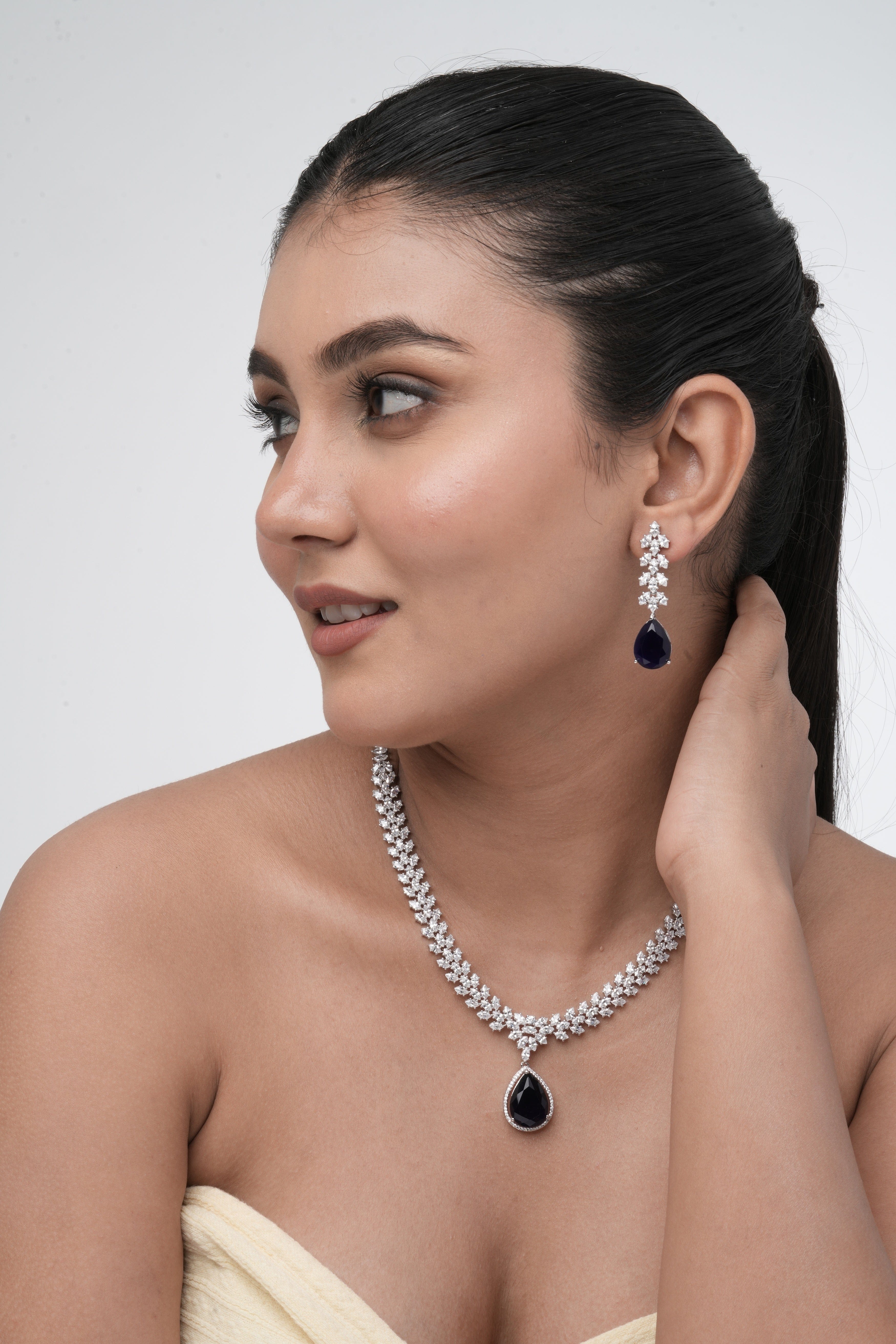 Mataari Necklaces Teardrop Elegance Necklace & Earring Set | Rhodium | Indian Jewelry | Mataari