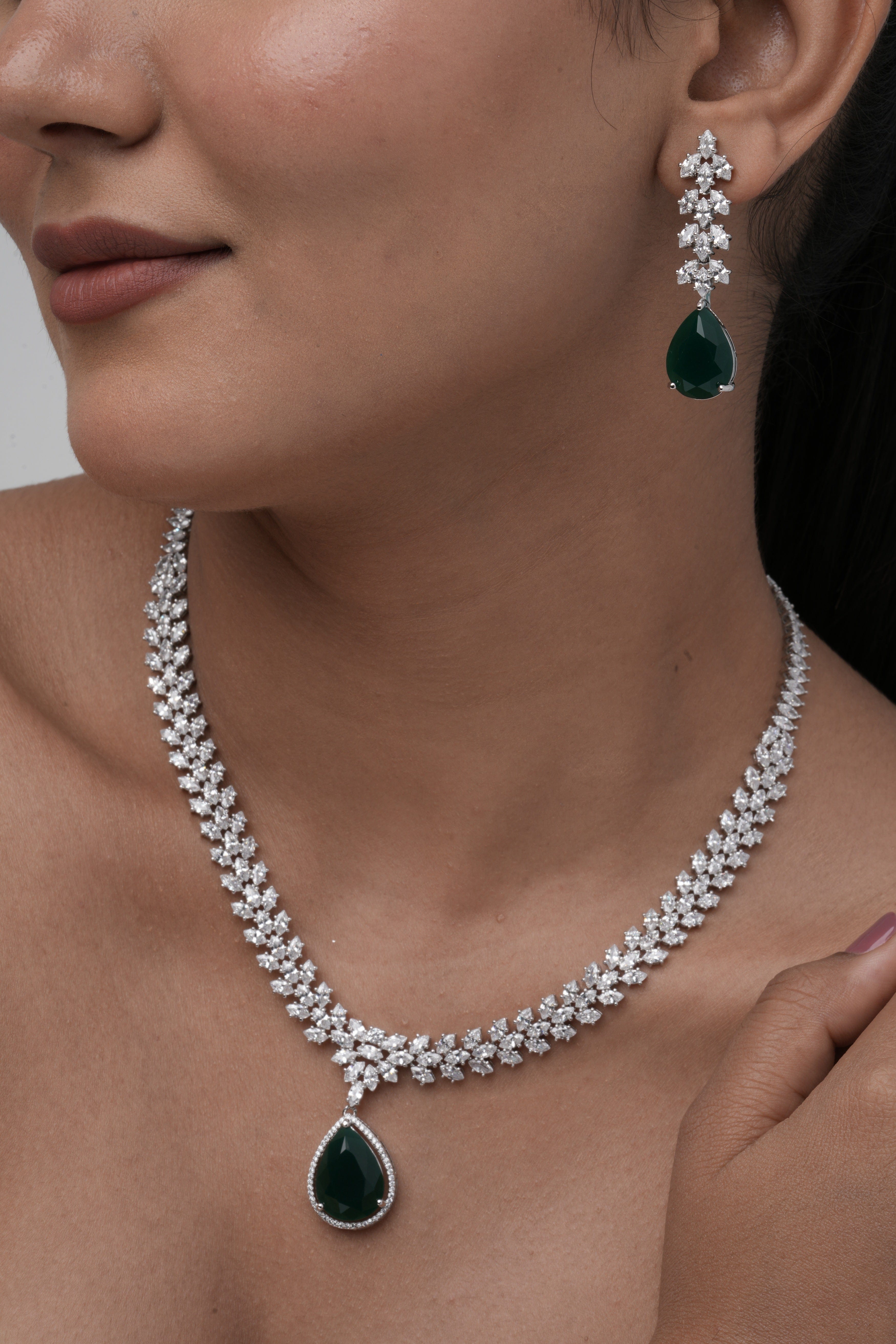Mataari Necklaces Teardrop Elegance Necklace & Earring Set | Rhodium | Indian Jewelry | Mataari