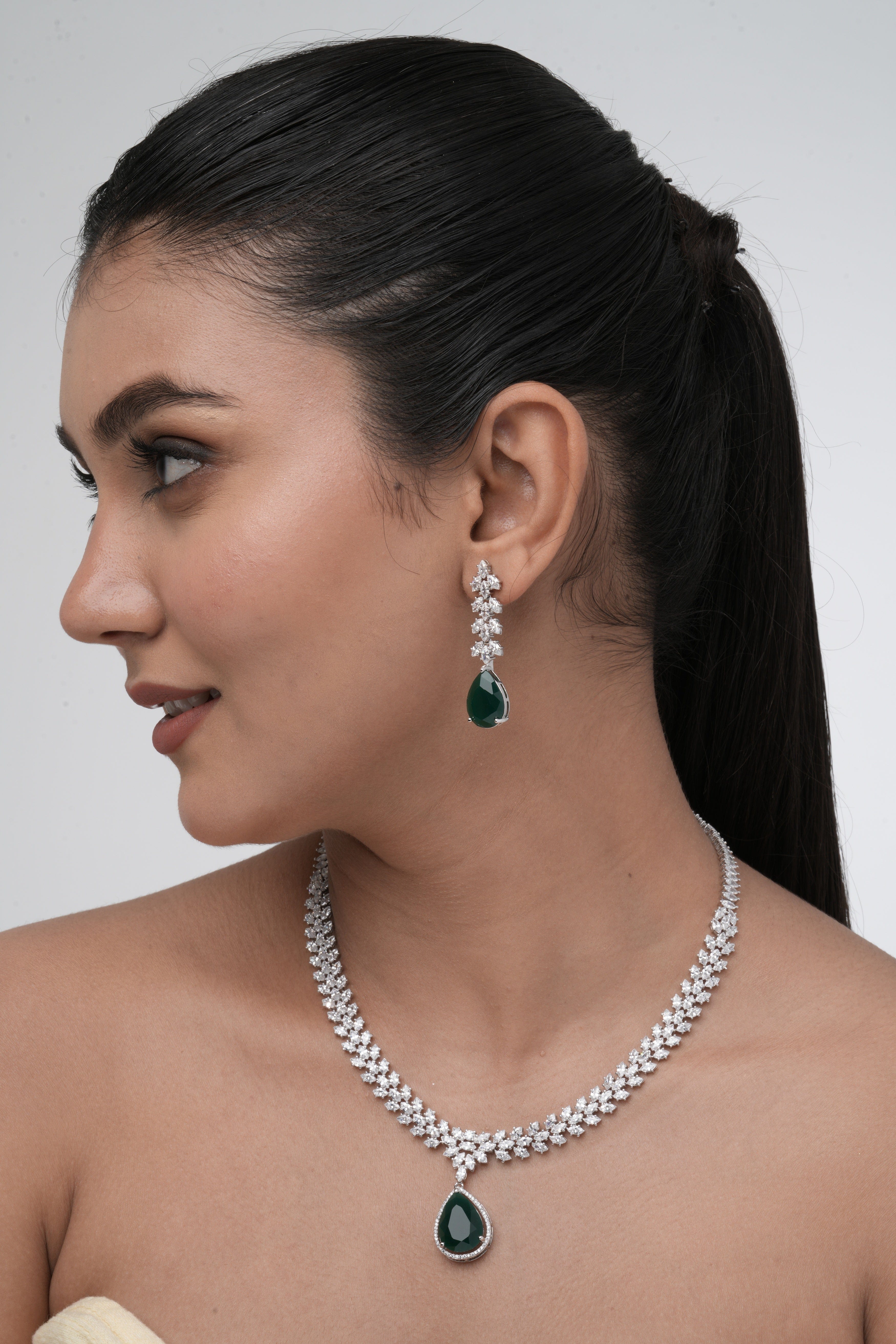 Mataari Necklaces Teardrop Elegance Necklace & Earring Set | Rhodium | Indian Jewelry | Mataari