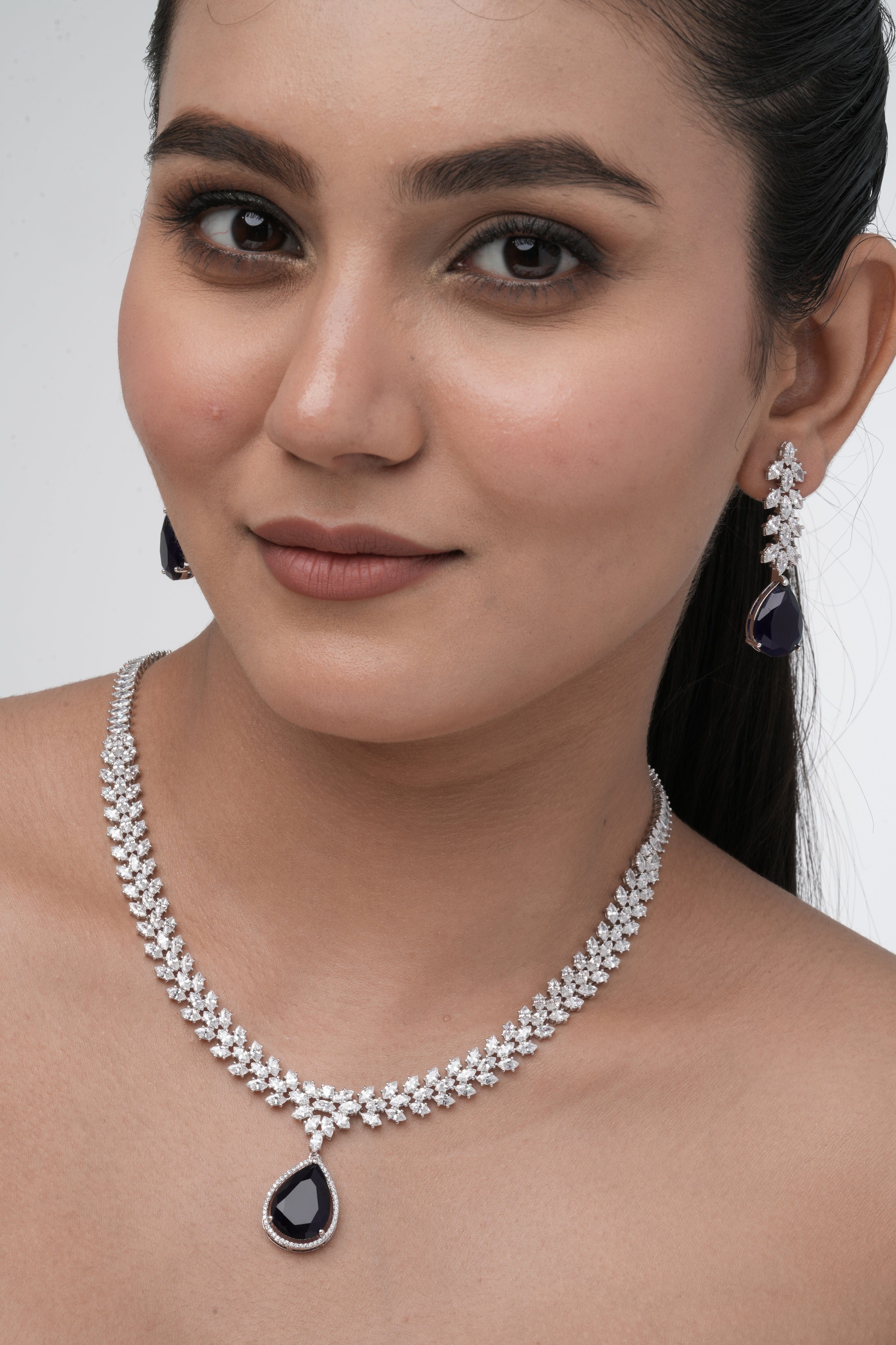 Mataari Necklaces Teardrop Elegance Necklace & Earring Set | Rhodium | Indian Jewelry | Mataari