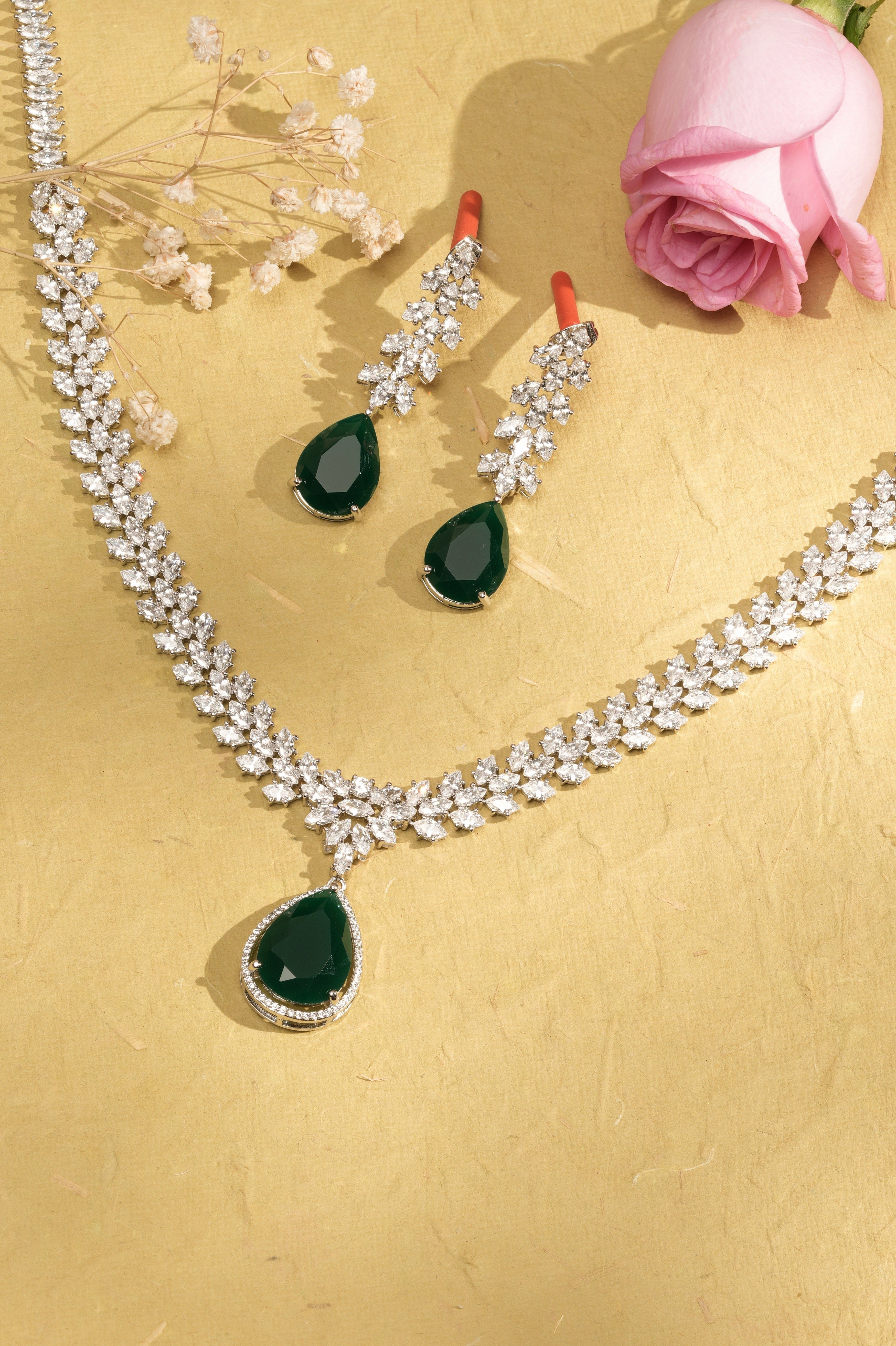 Mataari Necklaces Teardrop Elegance Necklace & Earring Set | Rhodium | Indian Jewelry | Mataari